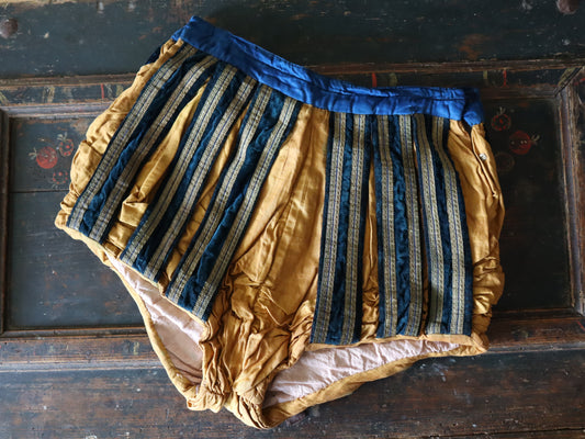 Antique French Renaissance style hose shorts, opera Theatre costume Yellow blue Stripe Gold Metal Ribbon Trim Early 1900s