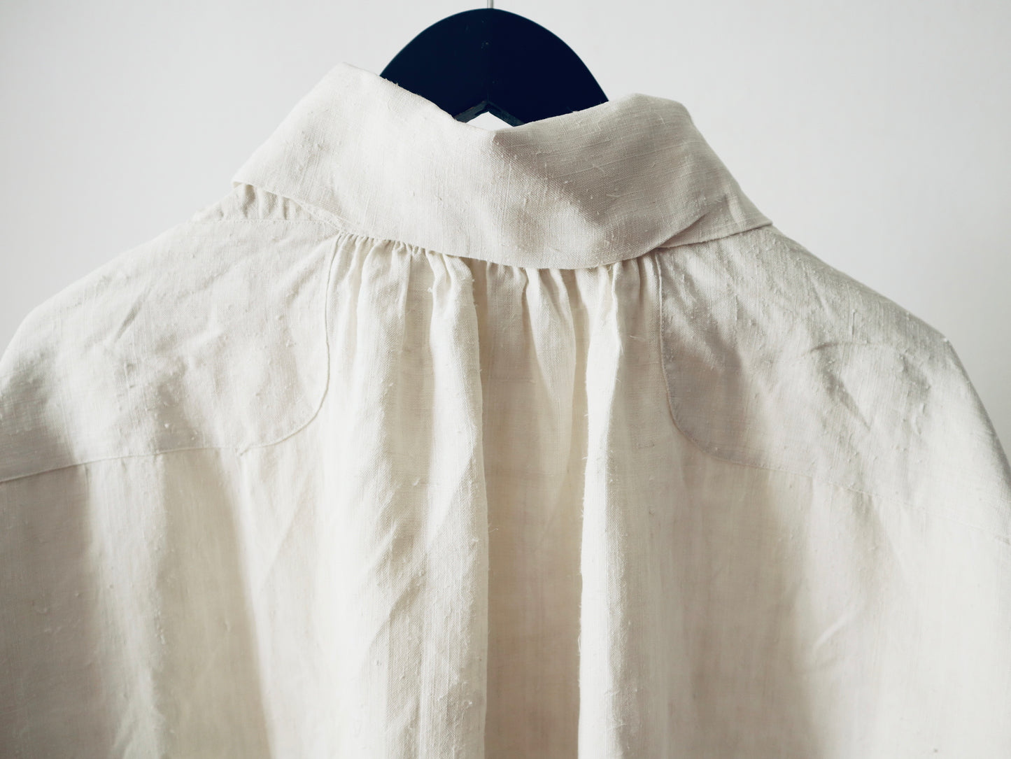 Antique 19th Century French Linen Smock Shirt Long Drop Shoulders Wide Collar Bone Buttons