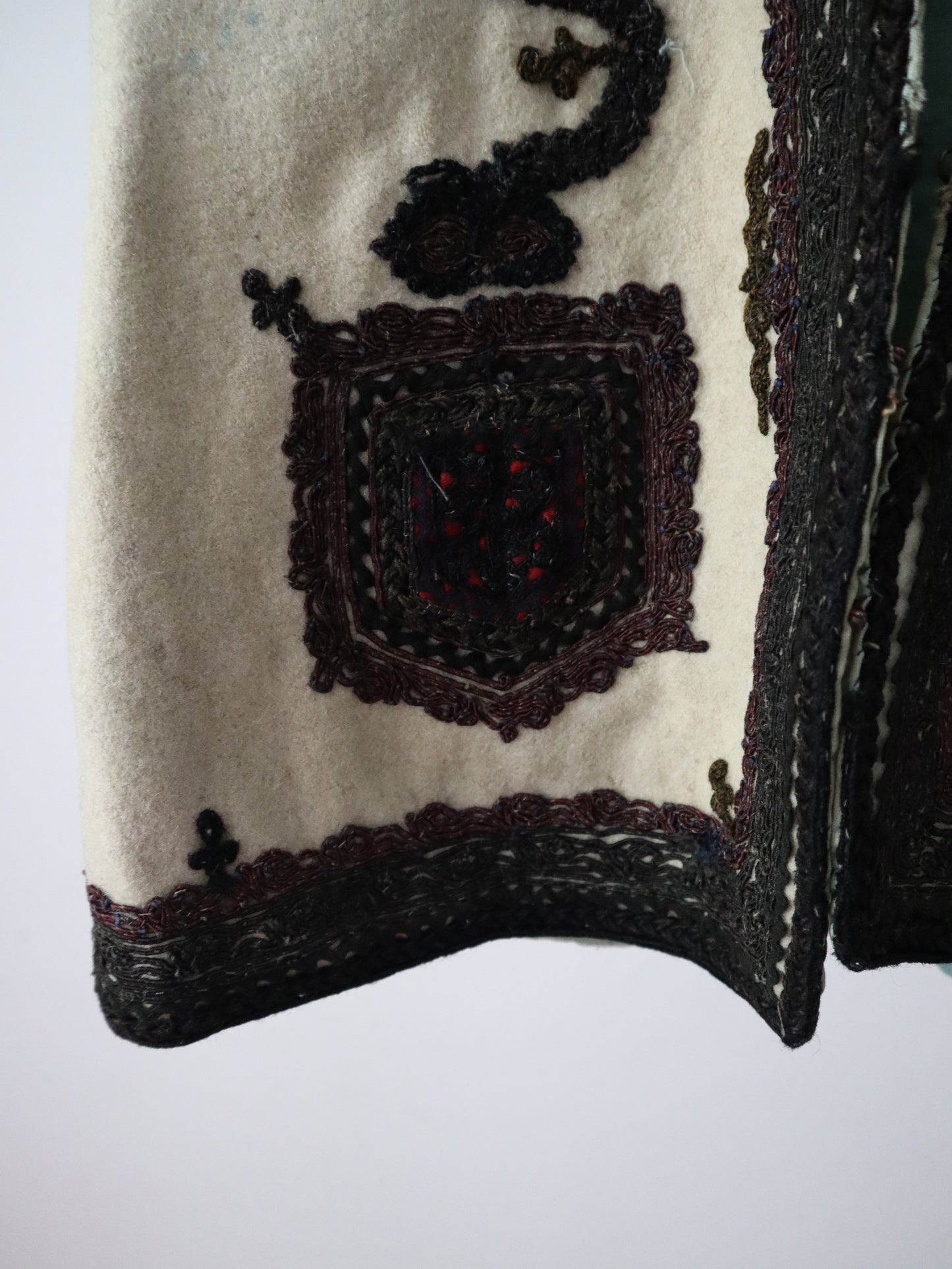 1920s 1930s Transylvanian folk waistcoat with black and burgundy soutache decoration