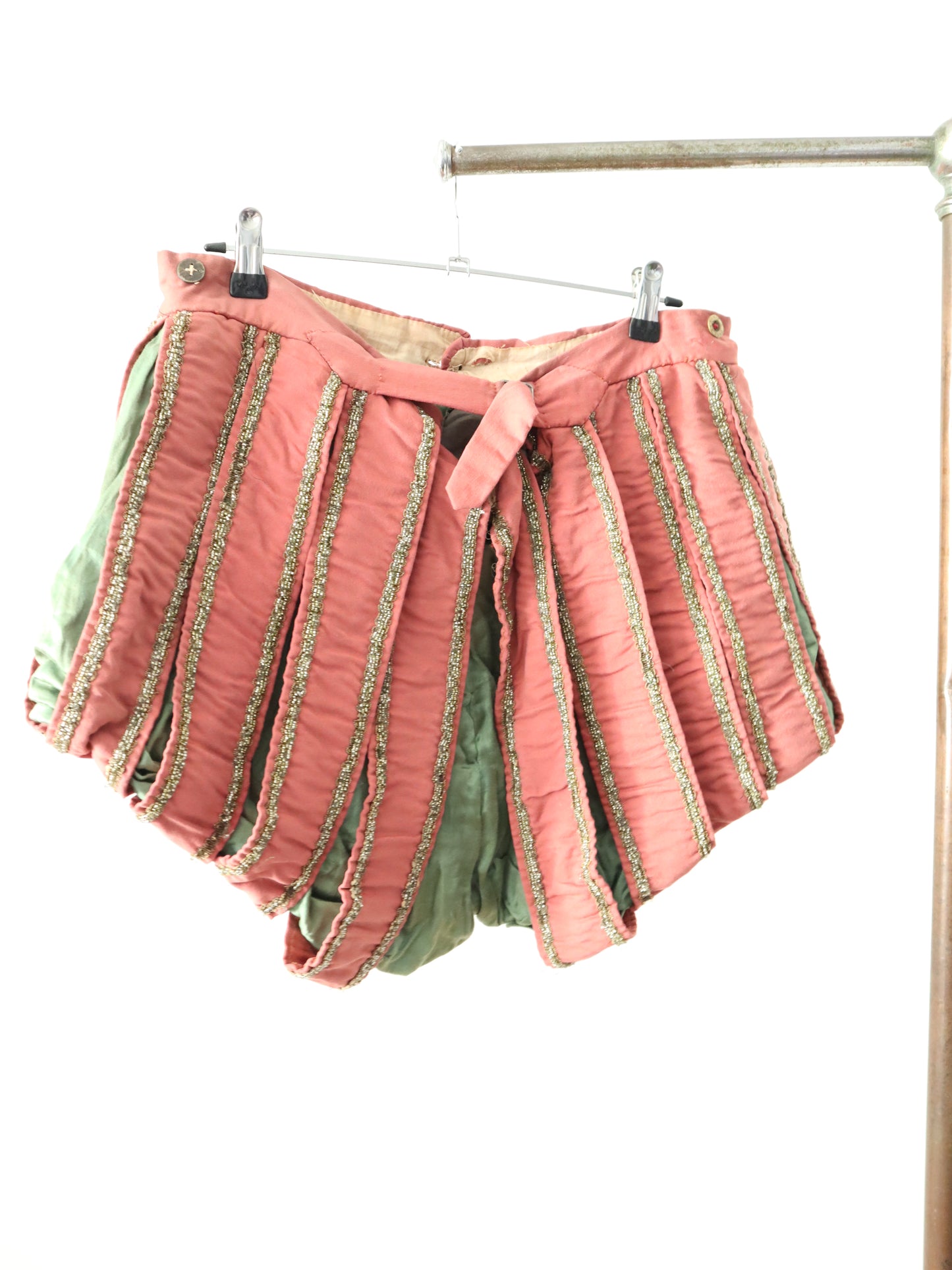 Antique 19th century French Renaissance style hose shorts, opera Theatre costume Pink Green Wool Silk  Stripe Silver Beading