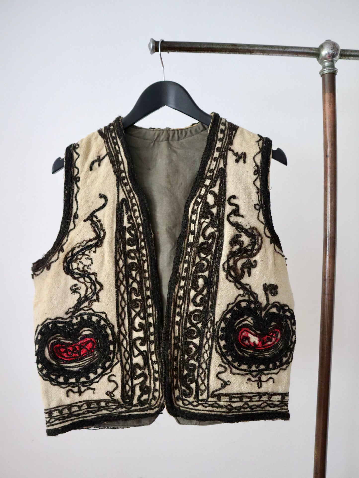 1920s 1930s Transylvanian wool folk waistcoat with black and red soutache decoration