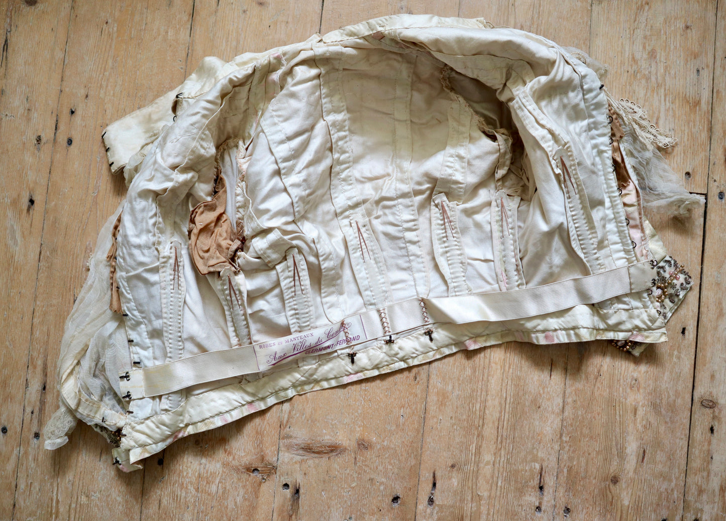 Antique French Silk Bodice Pink Cream Silk Lace Chiffon 1900 Boned