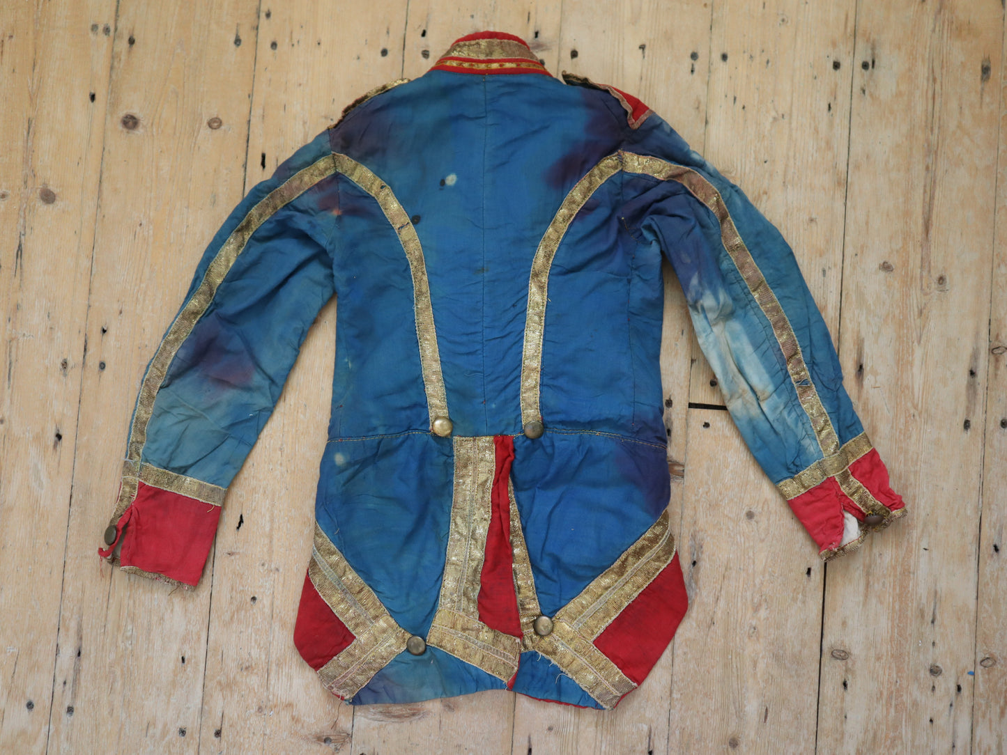 Antique French Theatre Costume 19th Century Military Style Indigo Blue Red Sun Fade Gold Ribbon Trim