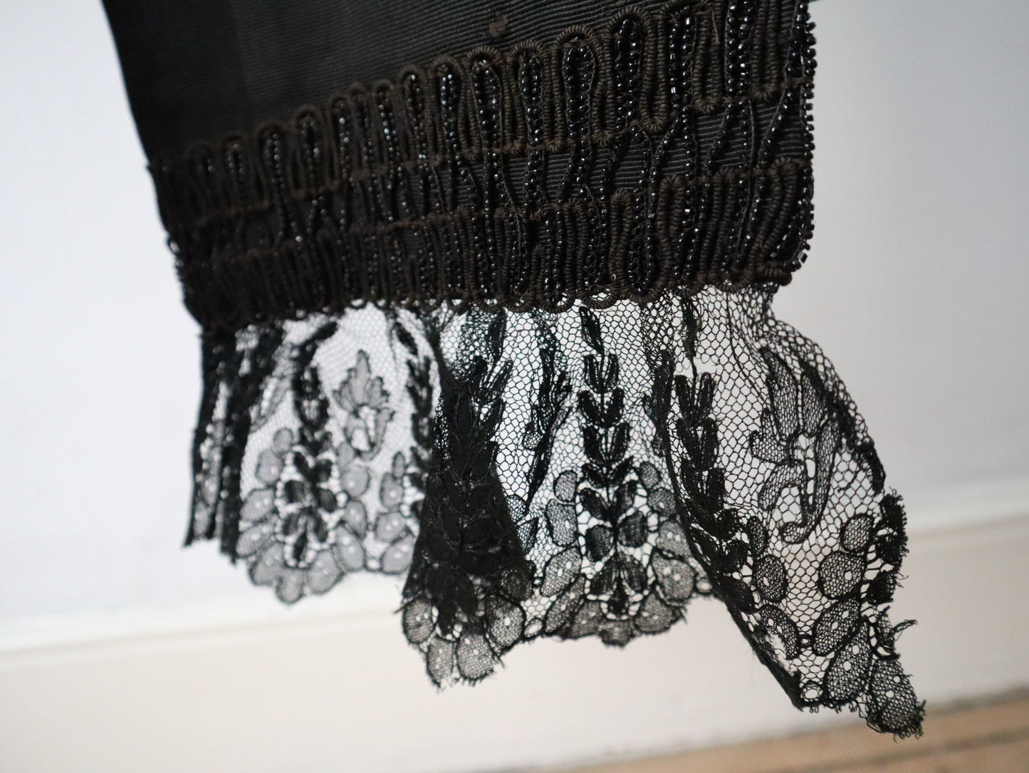 Antique 1900s French Mantle Cape Grosgrain Beading Silk Black Lace