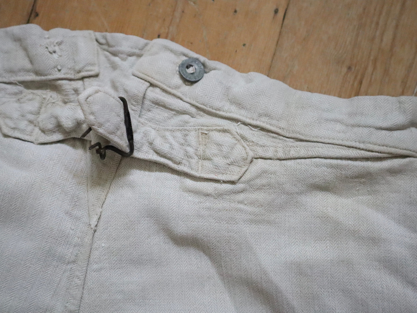 1920s French Herringbone Putty Linen Military Issue Trousers Pants Cinch Back