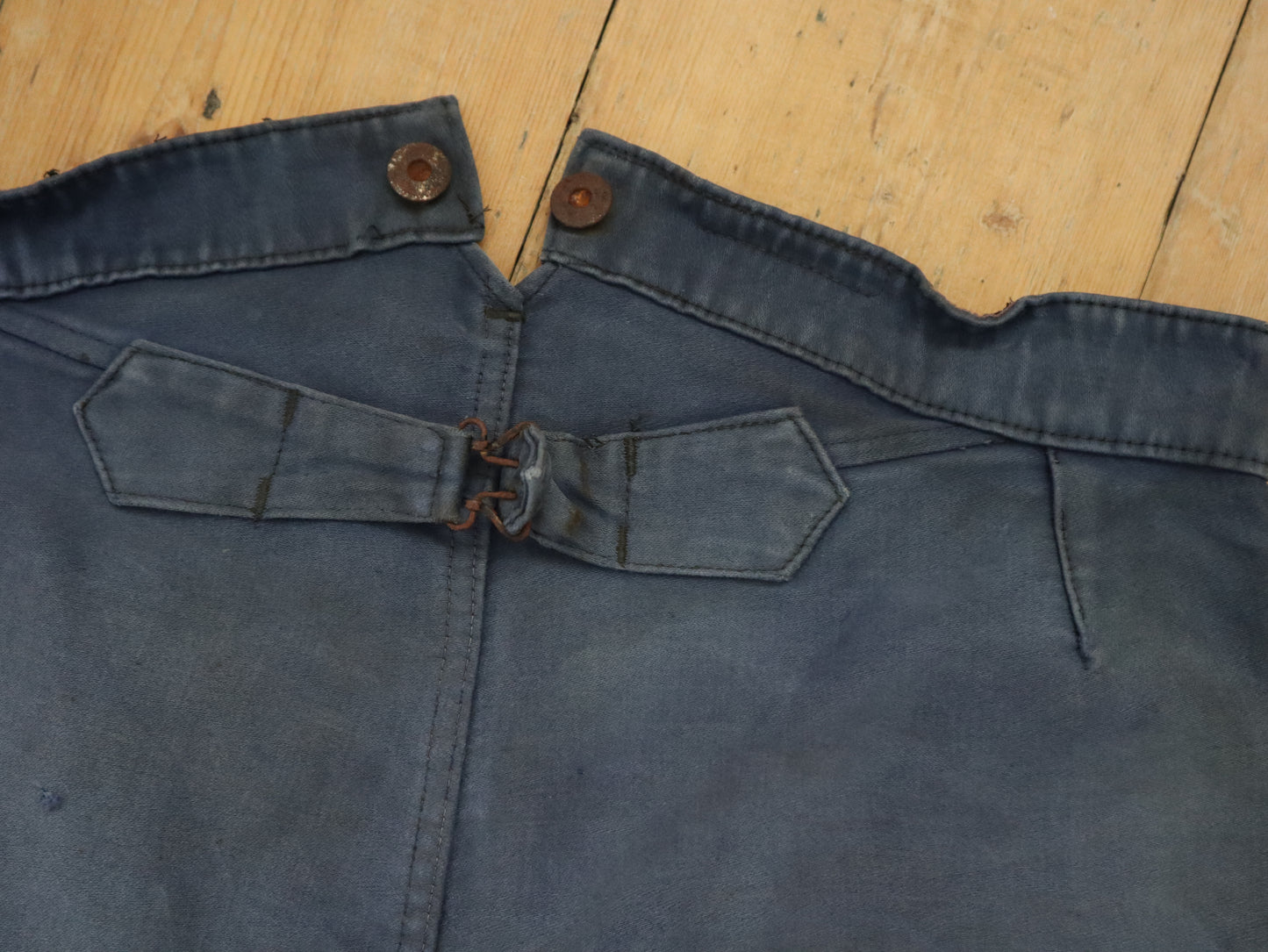 1940s French Blue Moleskin Workwear Trousers Pants High Waisted Buckle Back Cinch Chore Repairs