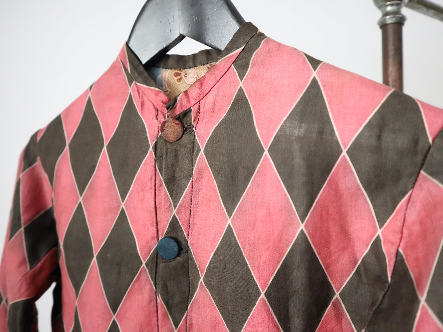 Antique French Harlequin Costume Pink Black Rose Floral Patchwork Lining Rare 1910s 1920s