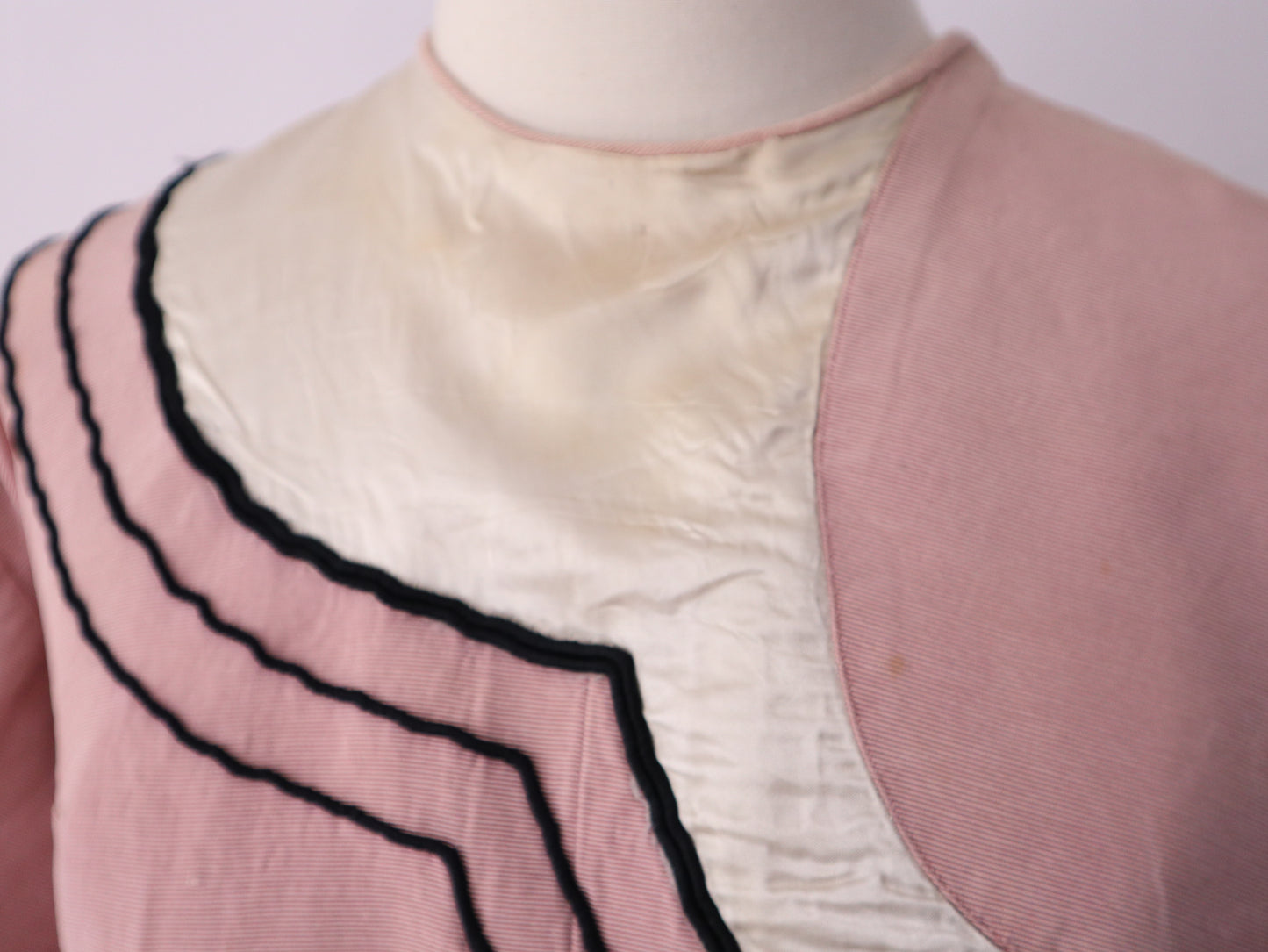 1930s -40s French Opera Tunic Dress by Henri Lebrun – Pink Grosgrain with Black Soutache Trim – Vintage Theatrical Costume