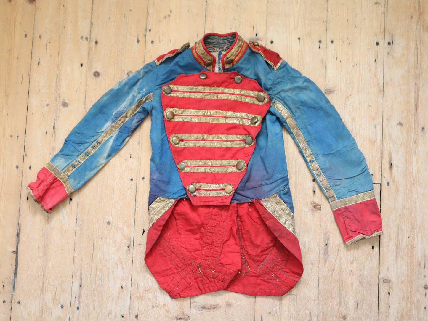 Antique French Theatre Costume 19th Century Military Style Indigo Blue Red Sun Fade Gold Ribbon Trim