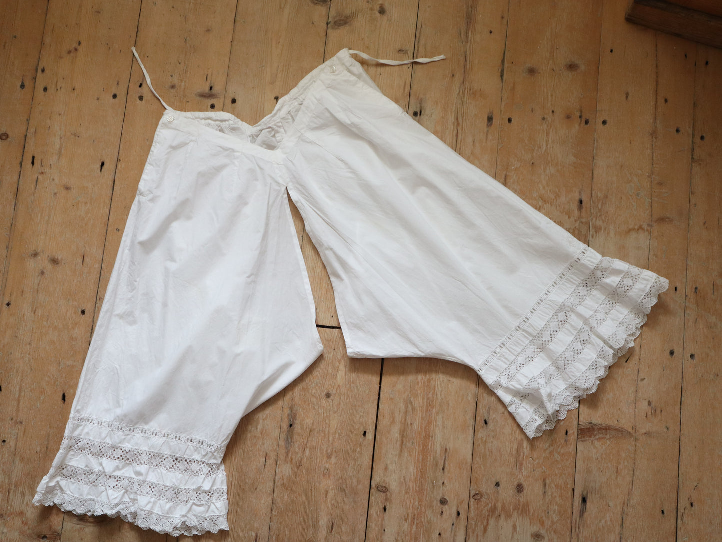 Antique French White Cotton Bloomers Knickers Crochet Lace Early 1900s