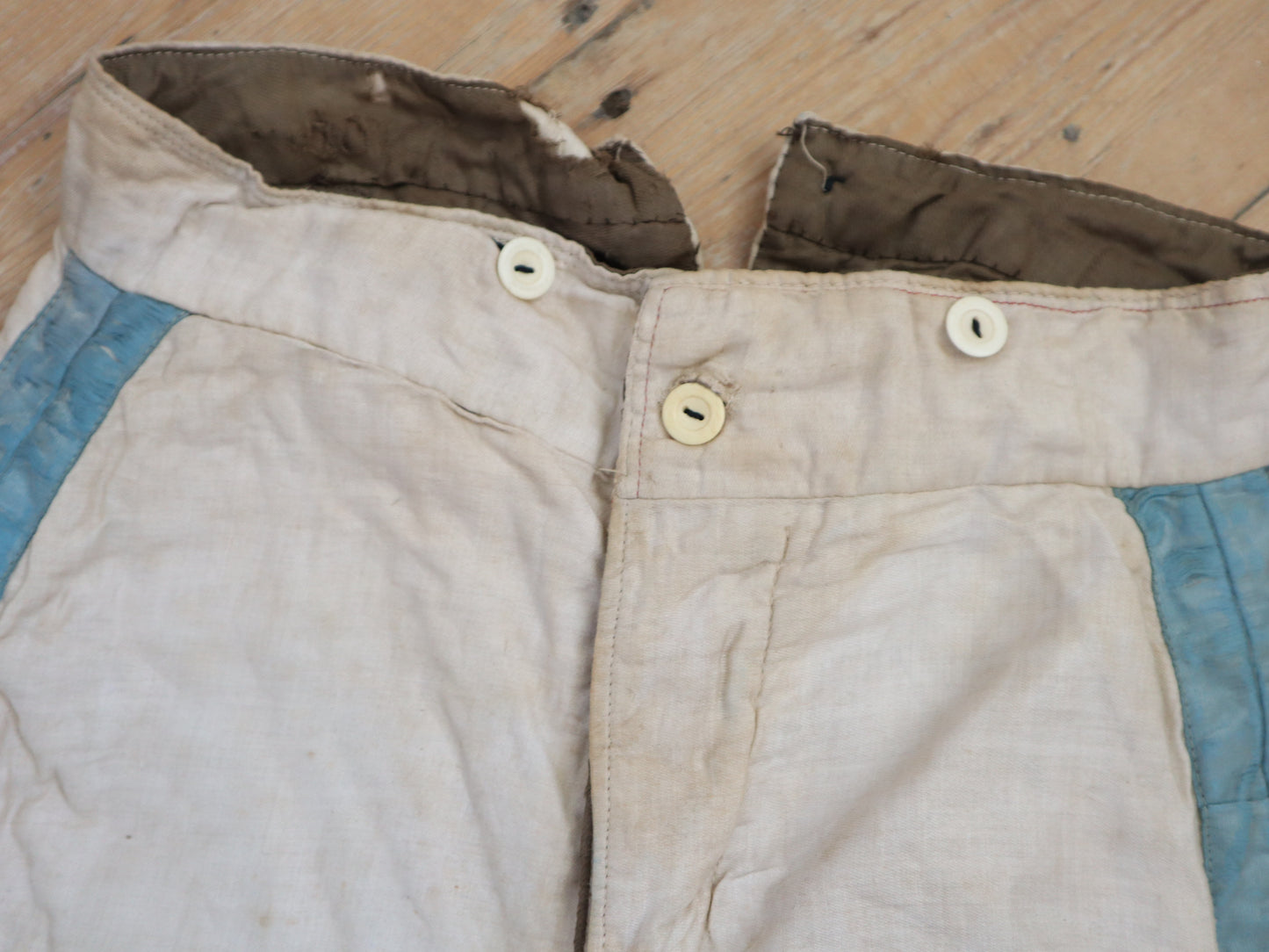 Antique French Theatre Costume Trousers Breeches Pants 18th Century Style White Blue Cotton Silk Opera