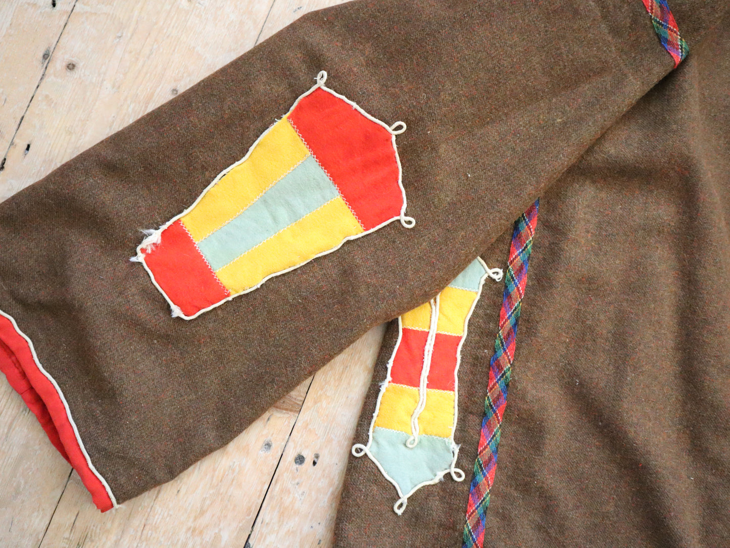 1920s 30s Hooded Coat FrenchTheatre Costume Brown Wool Appliqué Colourful Panels