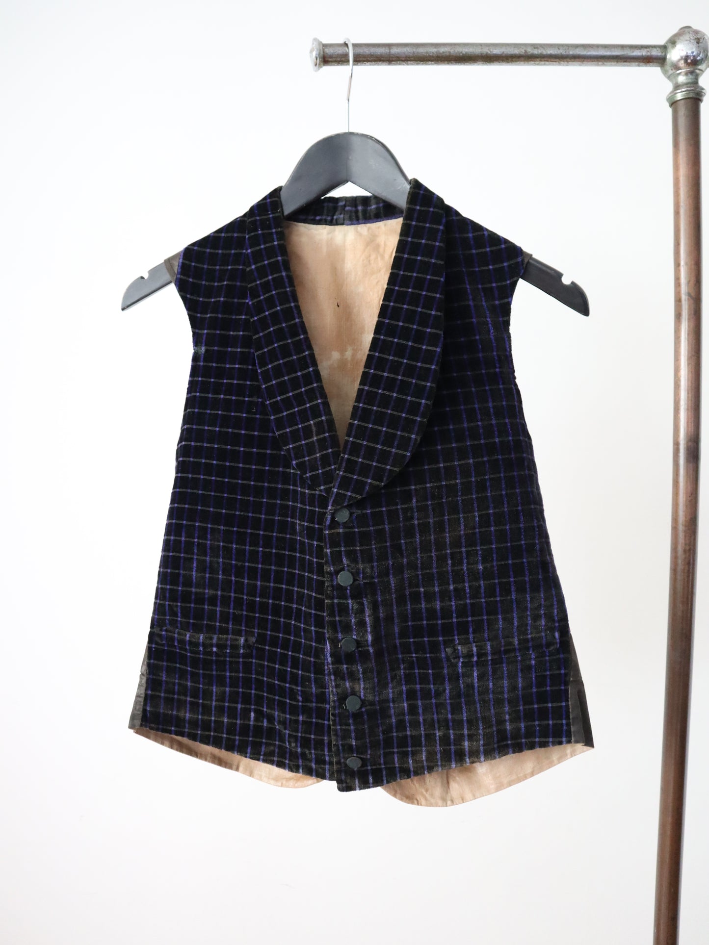 19th Century French Silk Velvet Waistcoat Blue Checked Glazed Back Antique