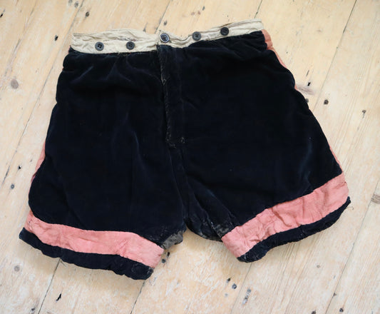 Antique Early 1900s French Theatre Opera Costume Hose Shorts Renaissance Style Tudor Black Velvet Pink Cotton Panels