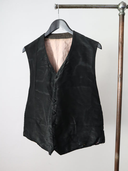 Antique Early 1900s French Black Silk Vest Waistcoat Glazed Cotton Backing