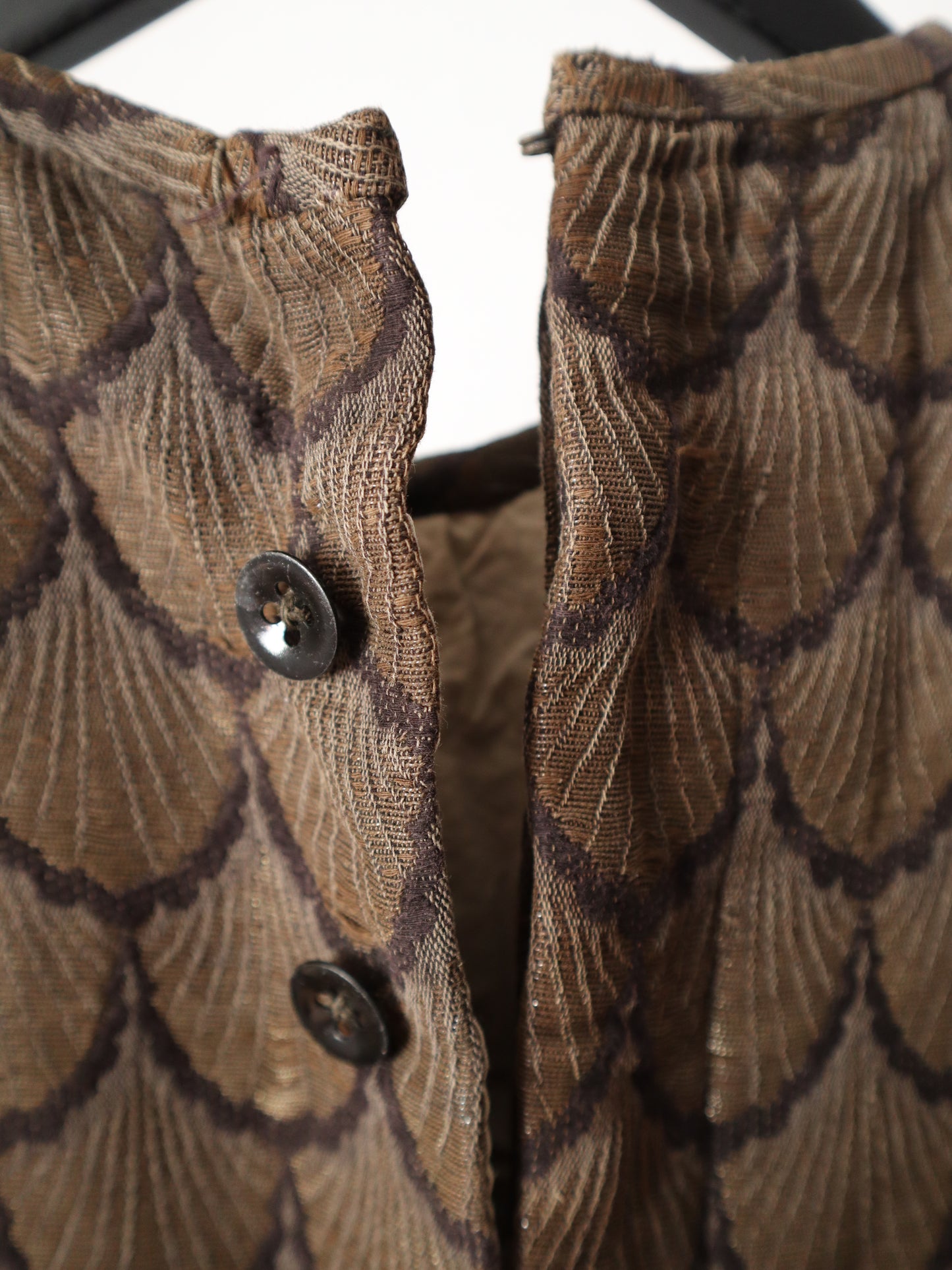 Early 1900s French Theatre Opera Costume Tunic Top Brown gold Metal Thread Scalloped Feathers Scales