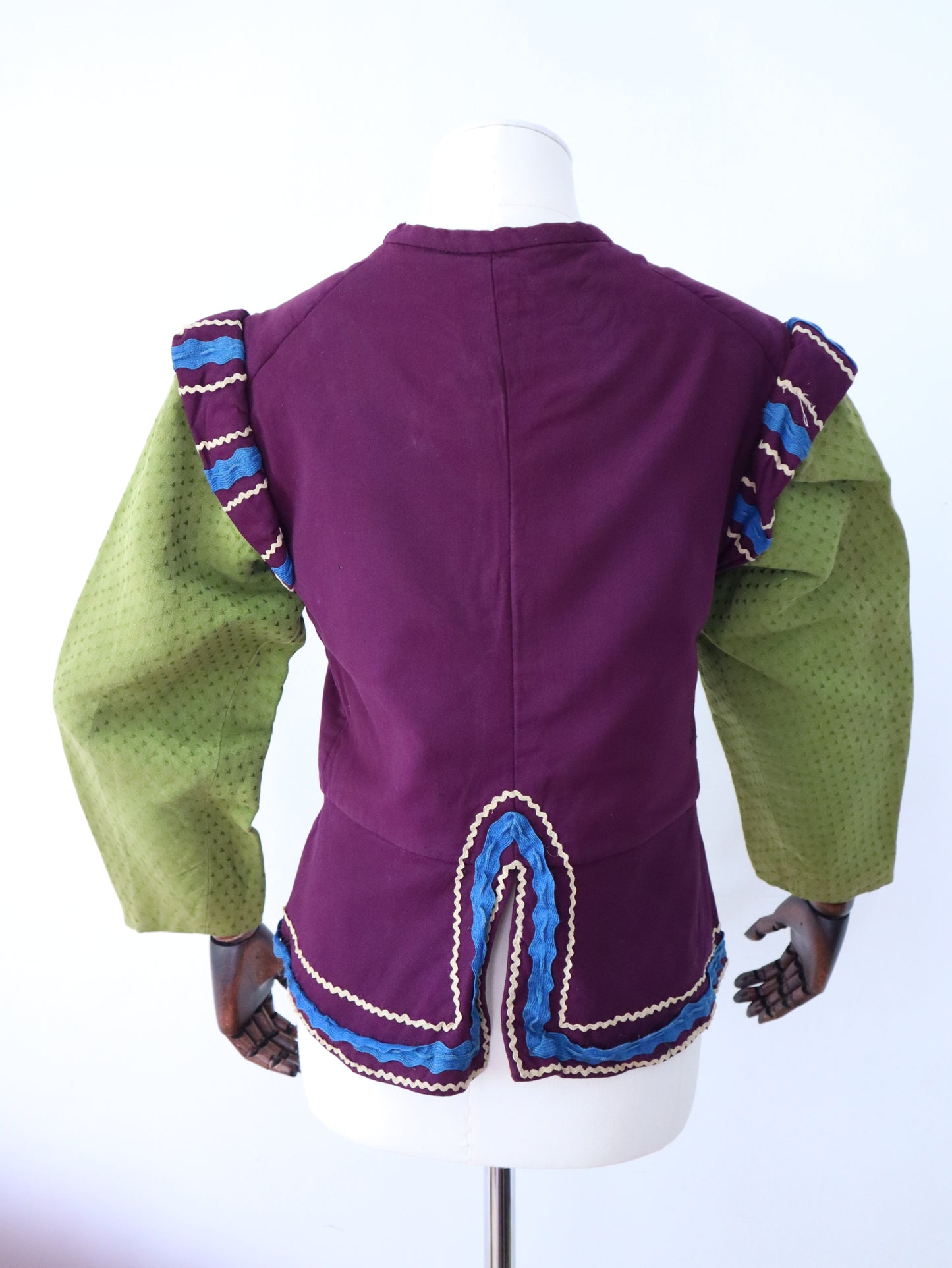 Antique French Opera Costume Jacket Purple Wool Green Cotton Sleeves Ribbon Trim Medieval Renaissance