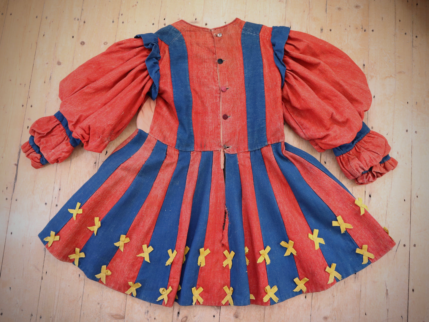 Antique French Theatre Costume Tunic Dress Renaissance Medieval Style Red Blue Stripes Yellow Bows Rare