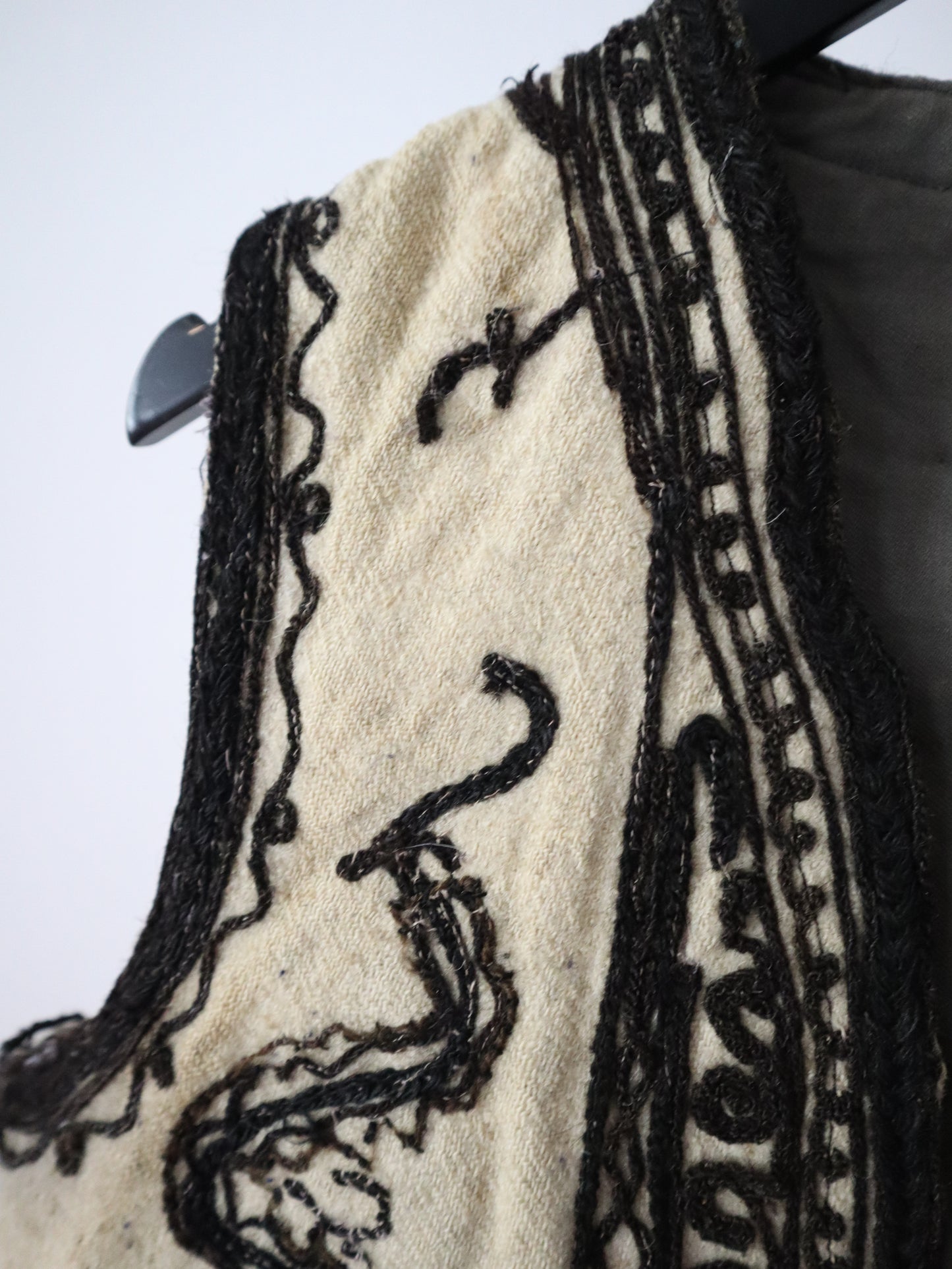 1920s 1930s Transylvanian wool folk waistcoat with black and red soutache decoration