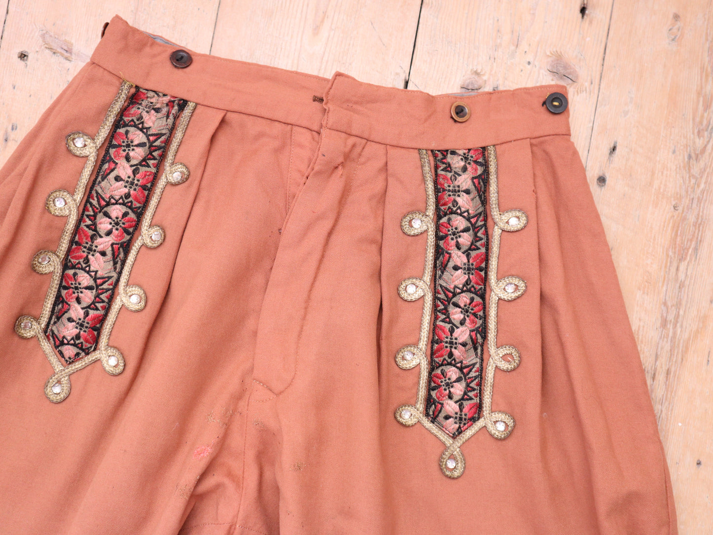 Antique 1920s French Opera Costume Trousers – Aristide Boyer, Marseille – Rust Wool Pants with Embroidered Trim, Faceted Gems & Cinch-Back Waist