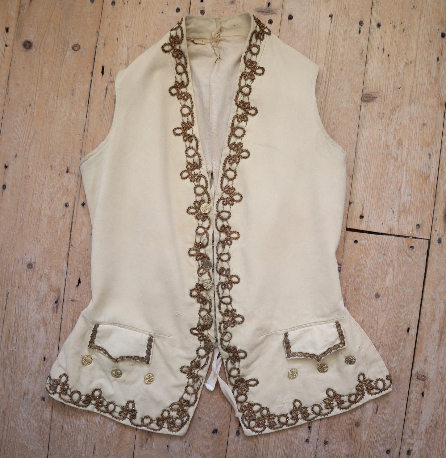 Antique French Opera Costume Vest Cream Wool Gold Metal Thread Brass Buttons 18th Century Style