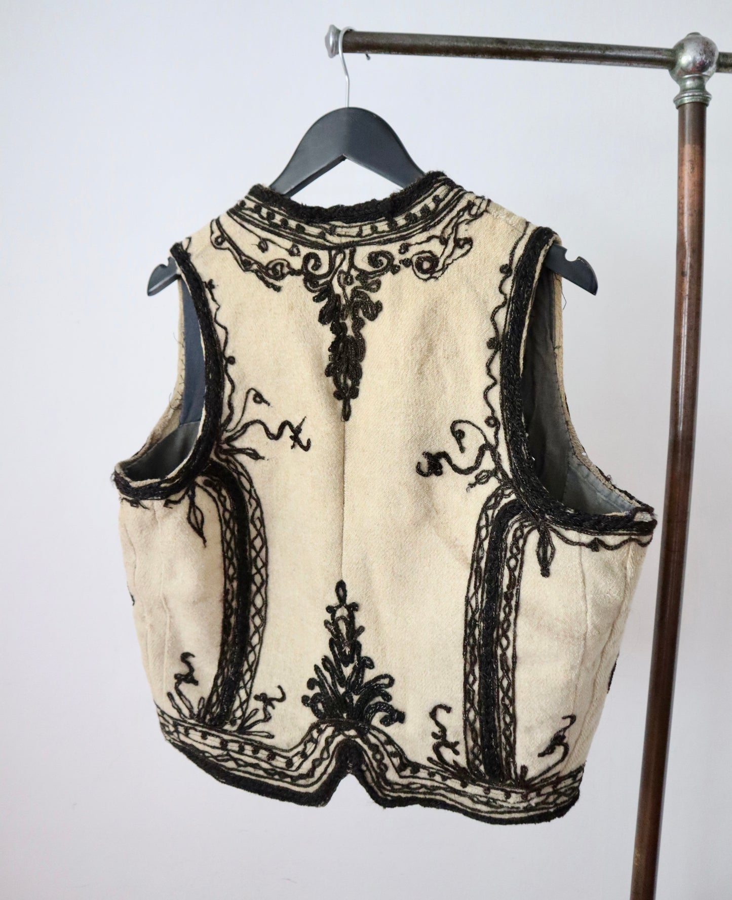 1920s 1930s Transylvanian wool folk waistcoat with black and red soutache decoration