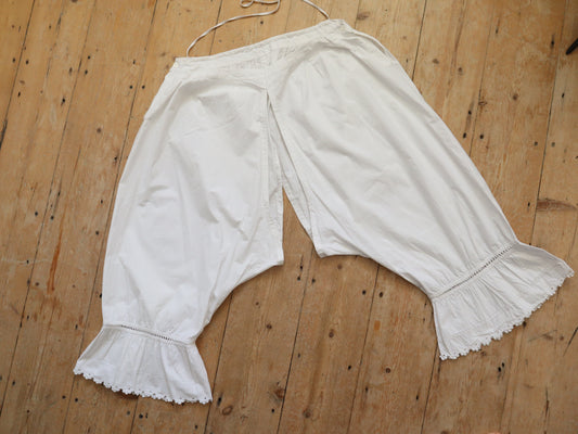 Antique French White Cotton Bloomers Knickers Embroidery Shaped Hem