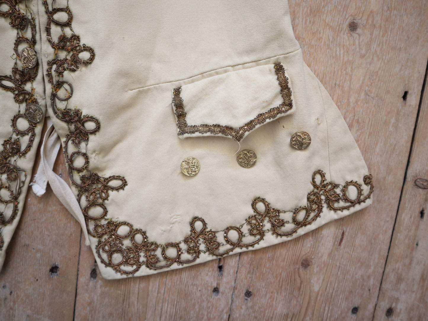 Antique French Opera Costume Vest Cream Wool Gold Metal Thread Brass Buttons 18th Century Style