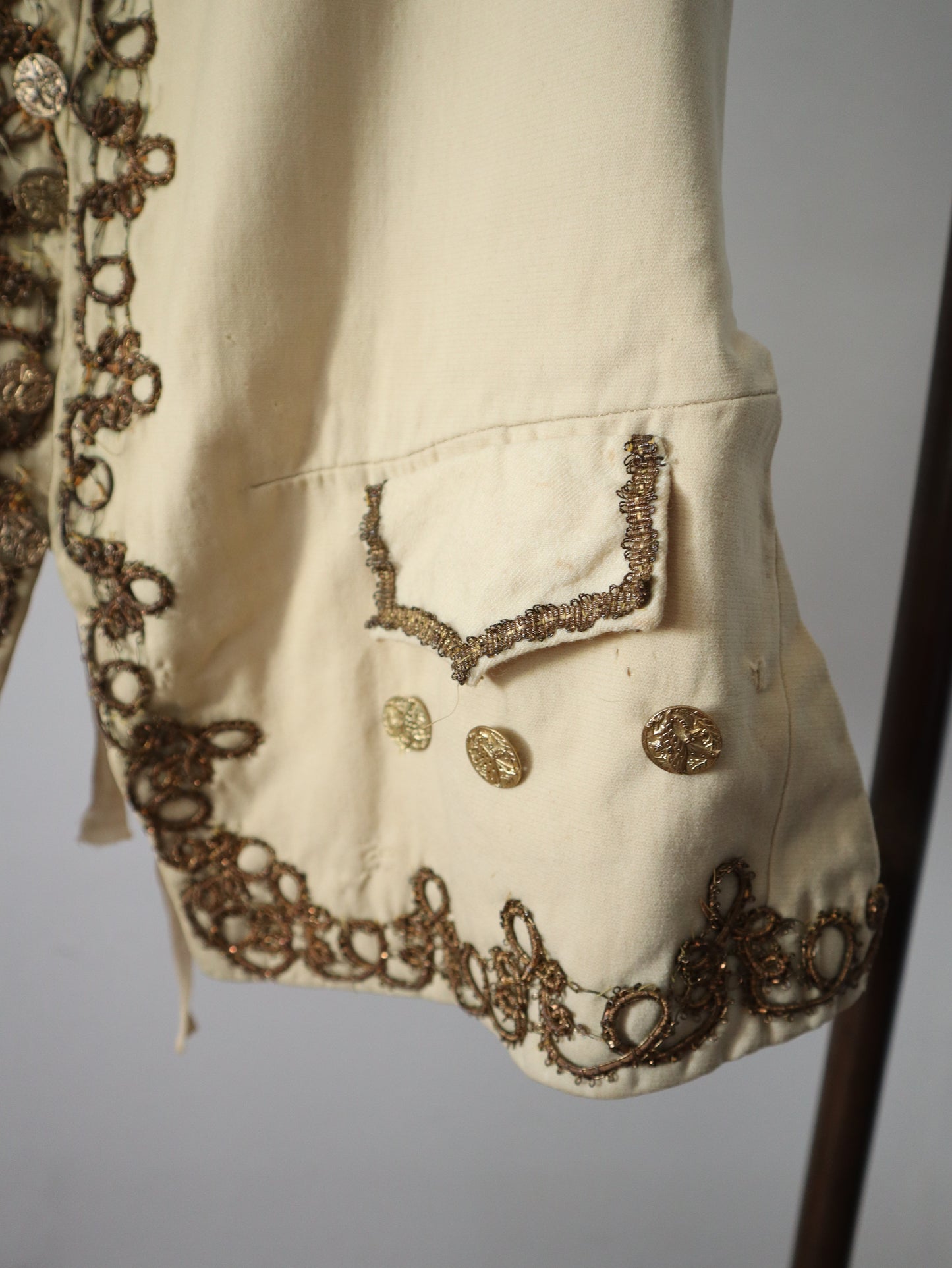 Antique French Opera Costume Vest Cream Wool Gold Metal Thread Brass Buttons 18th Century Style