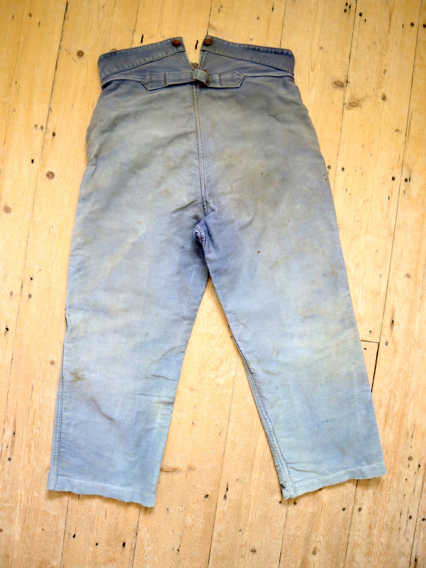 1940s - 50s French Le Salvetal Blue Moleskin Workwear Trousers Pants Repairs Darned High Waist