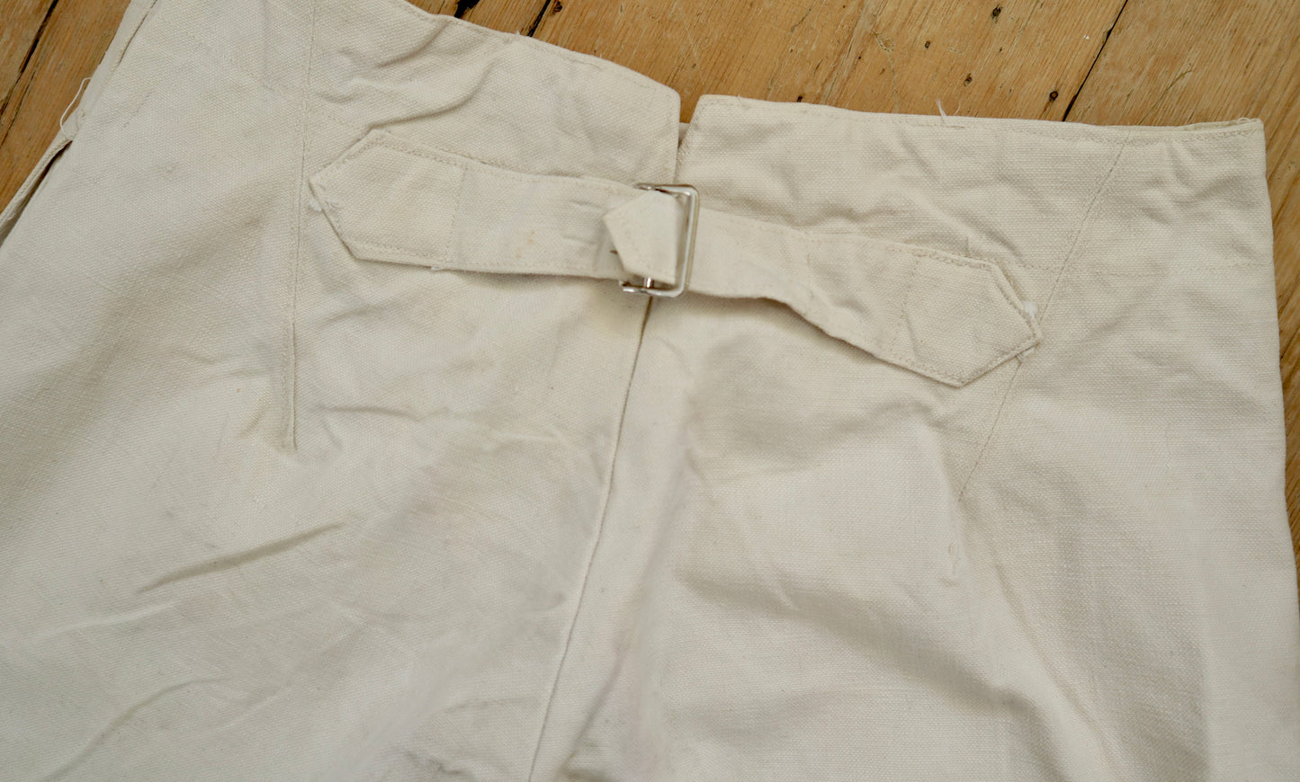 1920s French White Cotton Canvas Breeches Buckle Back Bone Buttons