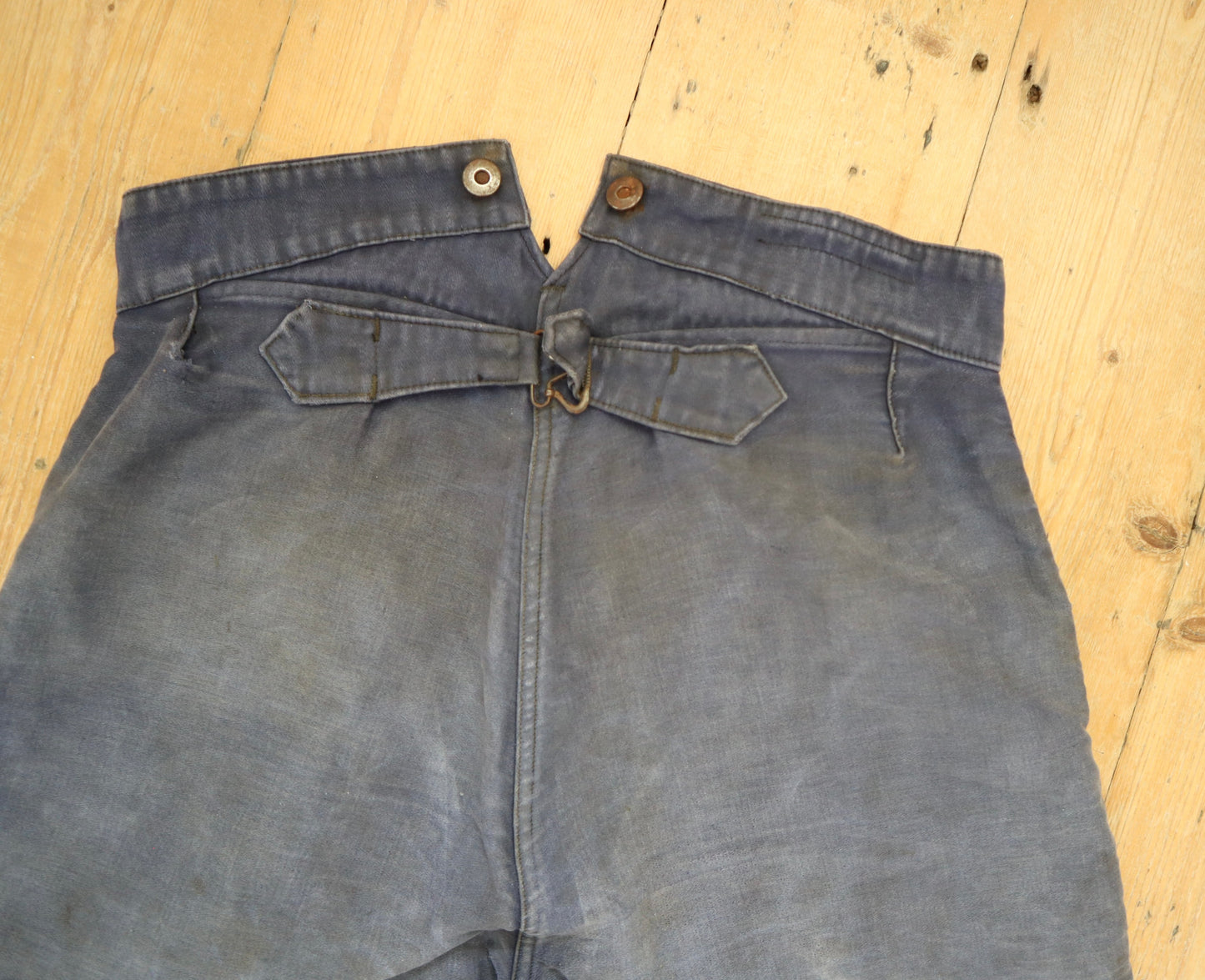 1950s French Le Salvetal Blue Moleskin Workwear Trousers Pants Repairs Darned Patched High Waist