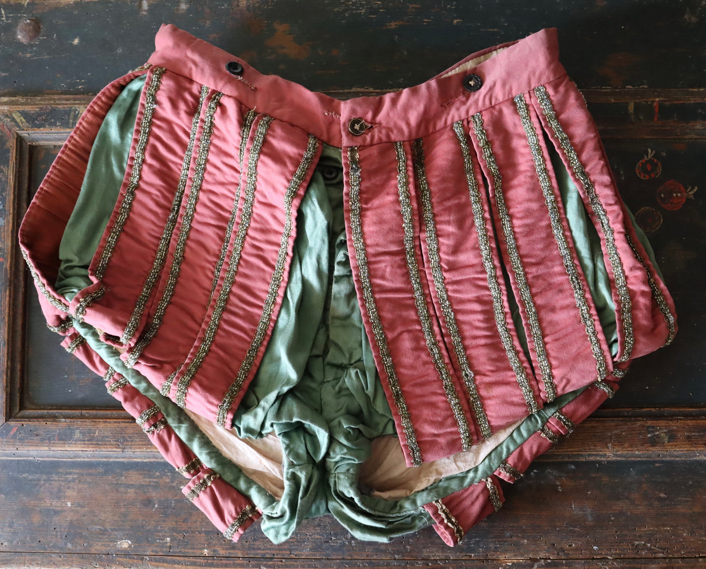 Antique 19th century French Renaissance style hose shorts, opera Theatre costume Pink Green Wool Silk  Stripe Silver Beading