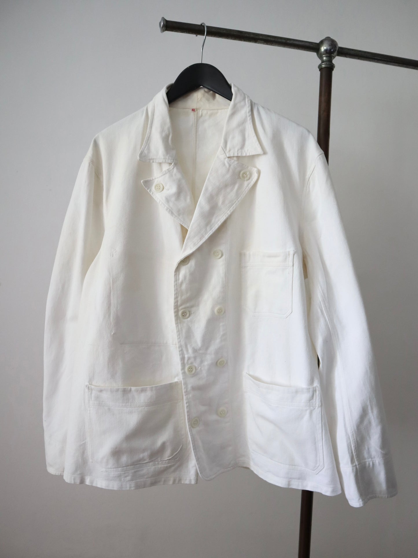 1940s 50s French Workwear Jacket Baker Double Breasted White Cotton Twill