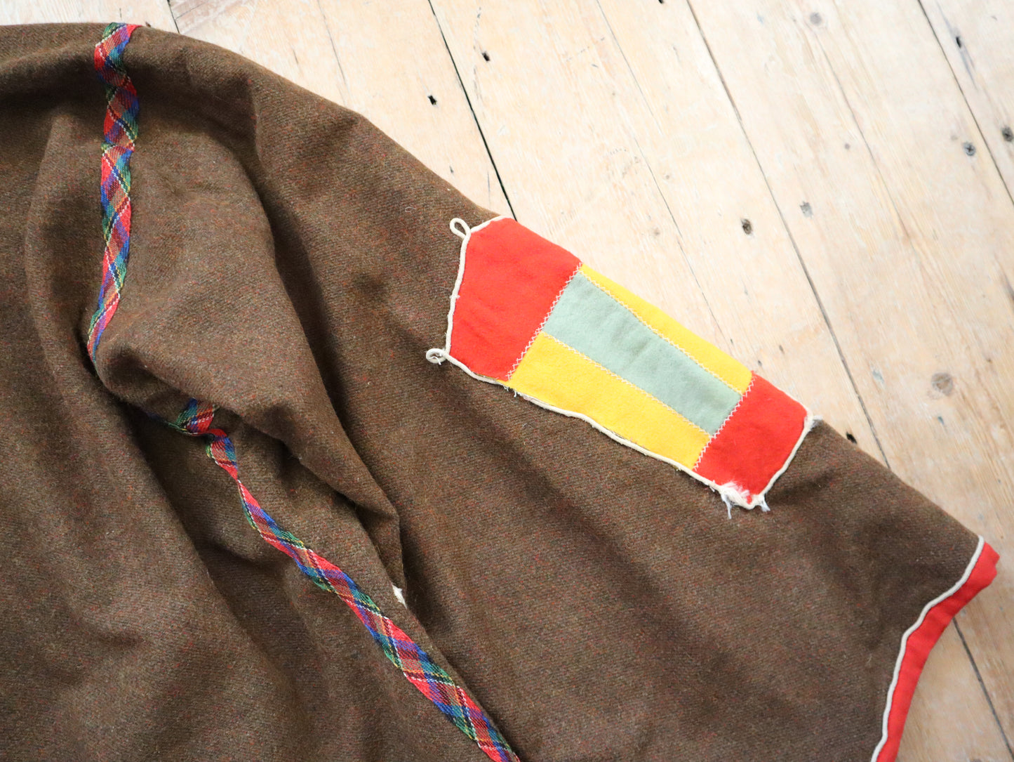 1920s 30s Hooded Coat FrenchTheatre Costume Brown Wool Appliqué Colourful Panels