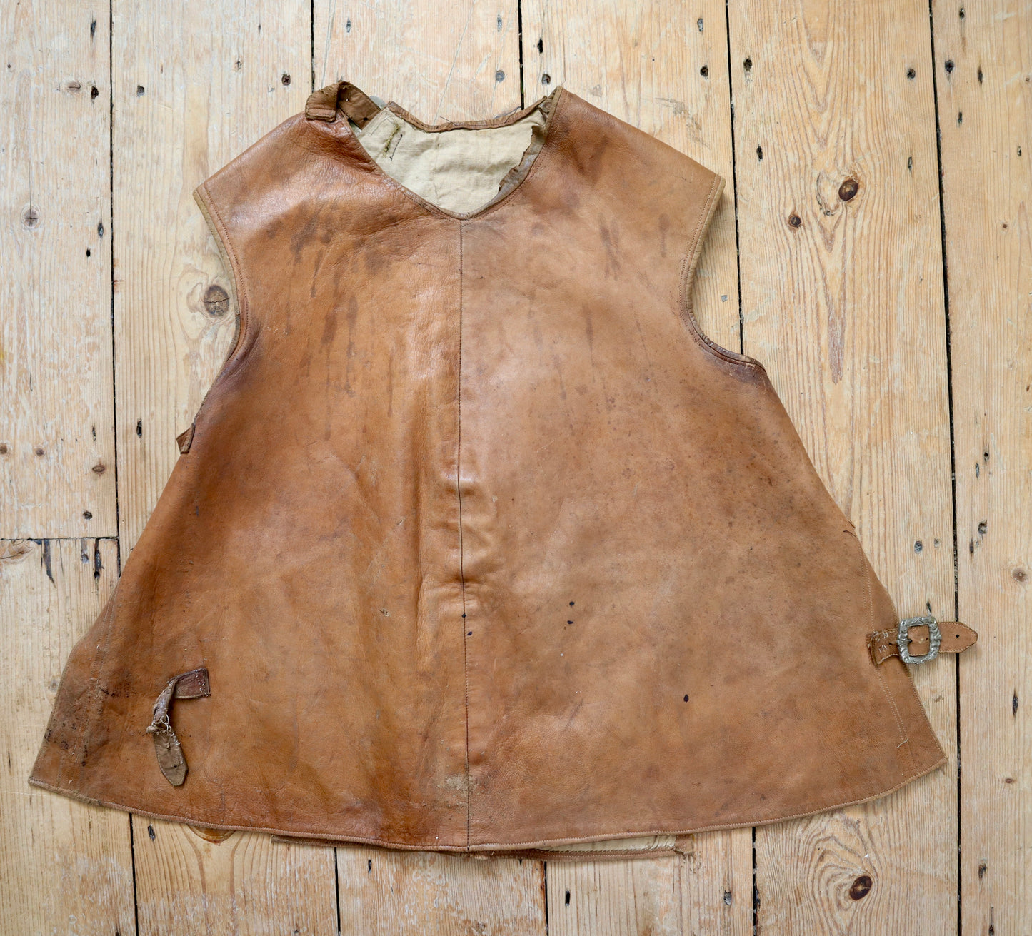 1910s French Tan Leather Gilet Tunic Buckles Patina Opera Theatre Costume BARABINO