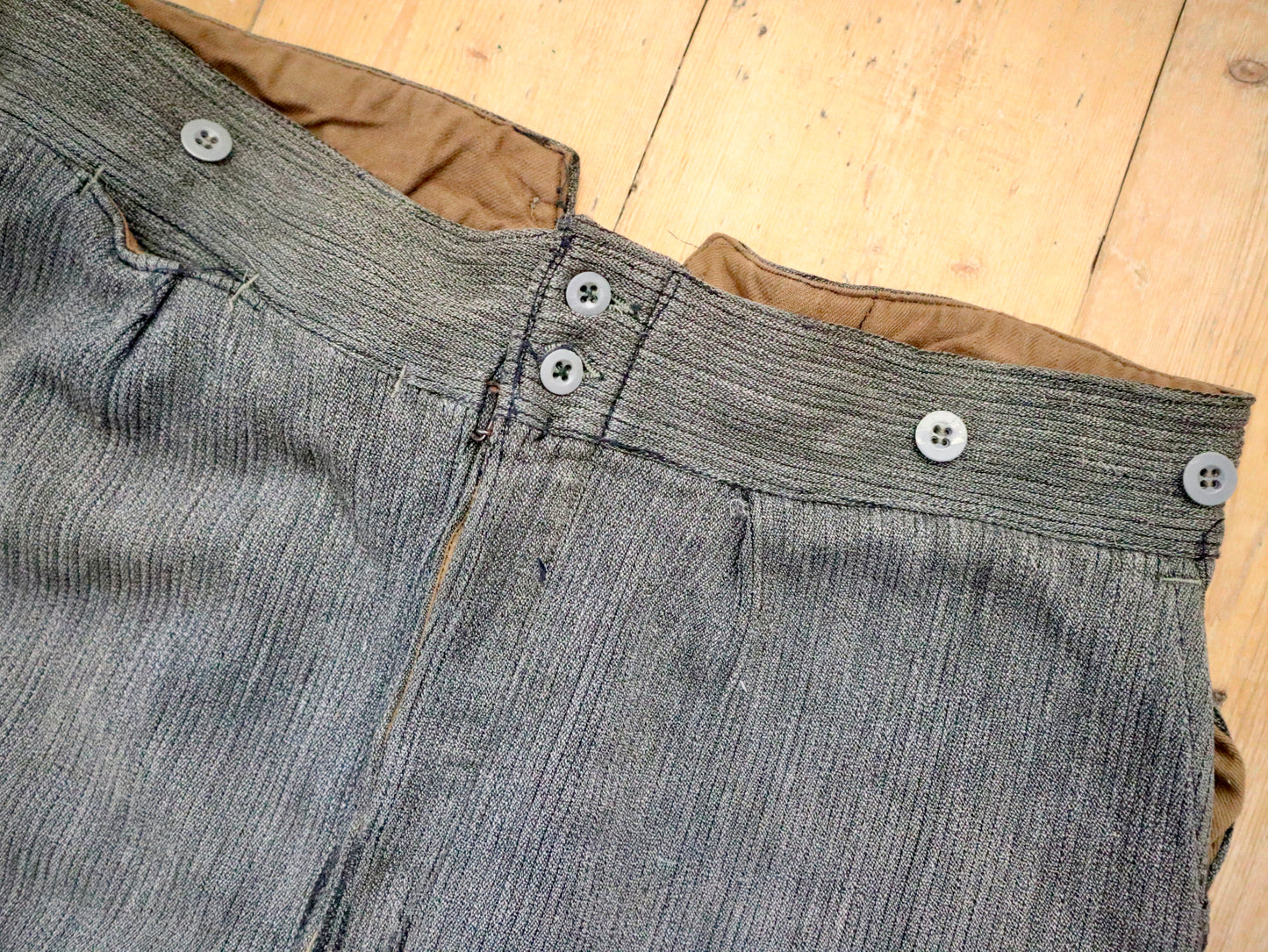 1940s French Workwear Trousers Grey Coutil Cotton Chore Pants Ribbed