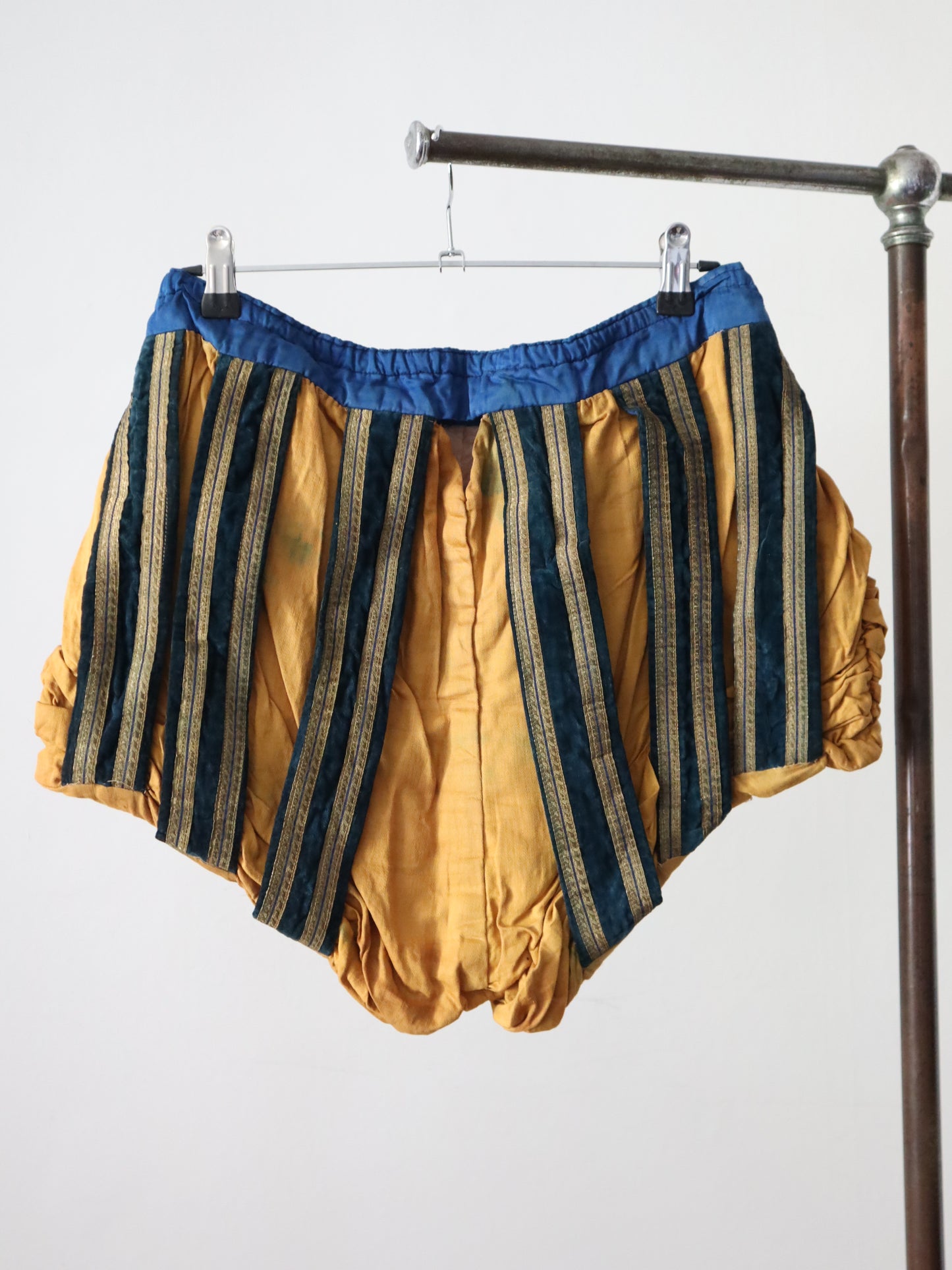 Antique French Renaissance style hose shorts, opera Theatre costume Yellow blue Stripe Gold Metal Ribbon Trim Early 1900s