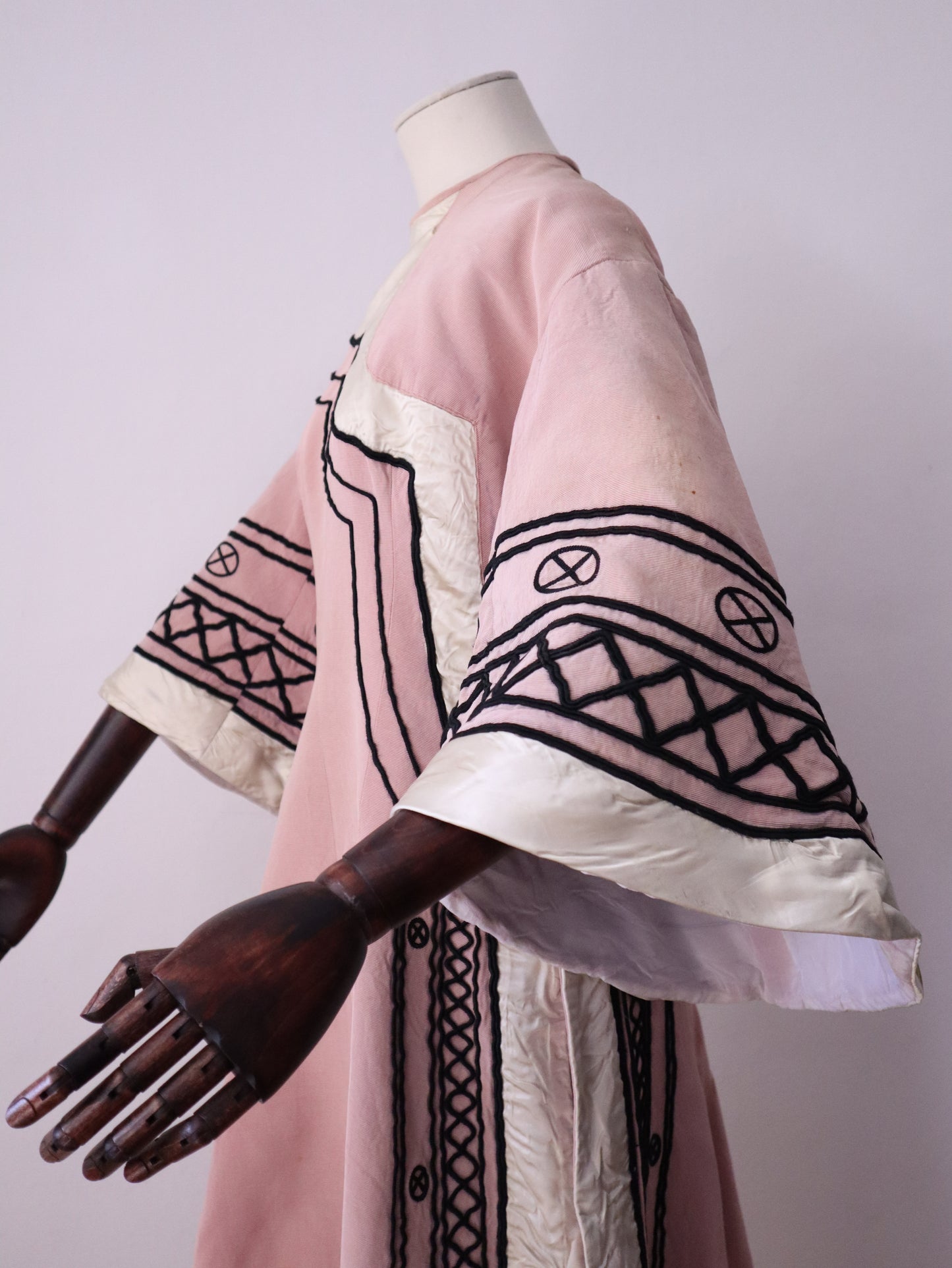 1930s -40s French Opera Tunic Dress by Henri Lebrun – Pink Grosgrain with Black Soutache Trim – Vintage Theatrical Costume