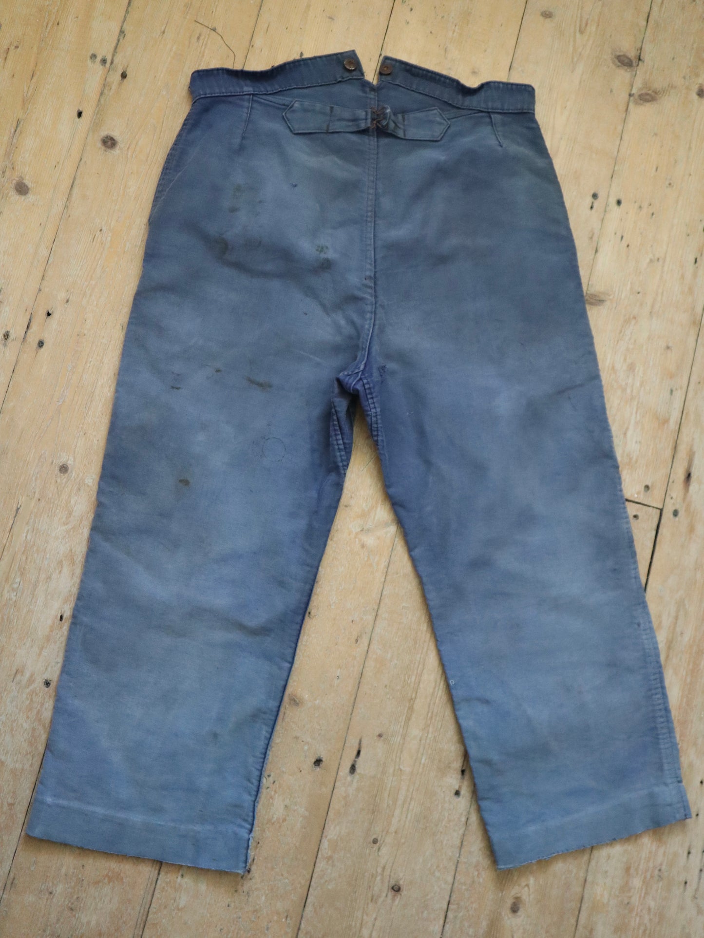 1940s French Blue Moleskin Workwear Trousers Pants High Waisted Buckle Back Cinch Chore Repairs