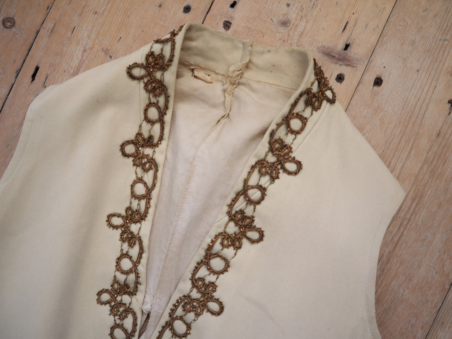 Antique French Opera Costume Vest Cream Wool Gold Metal Thread Brass Buttons 18th Century Style