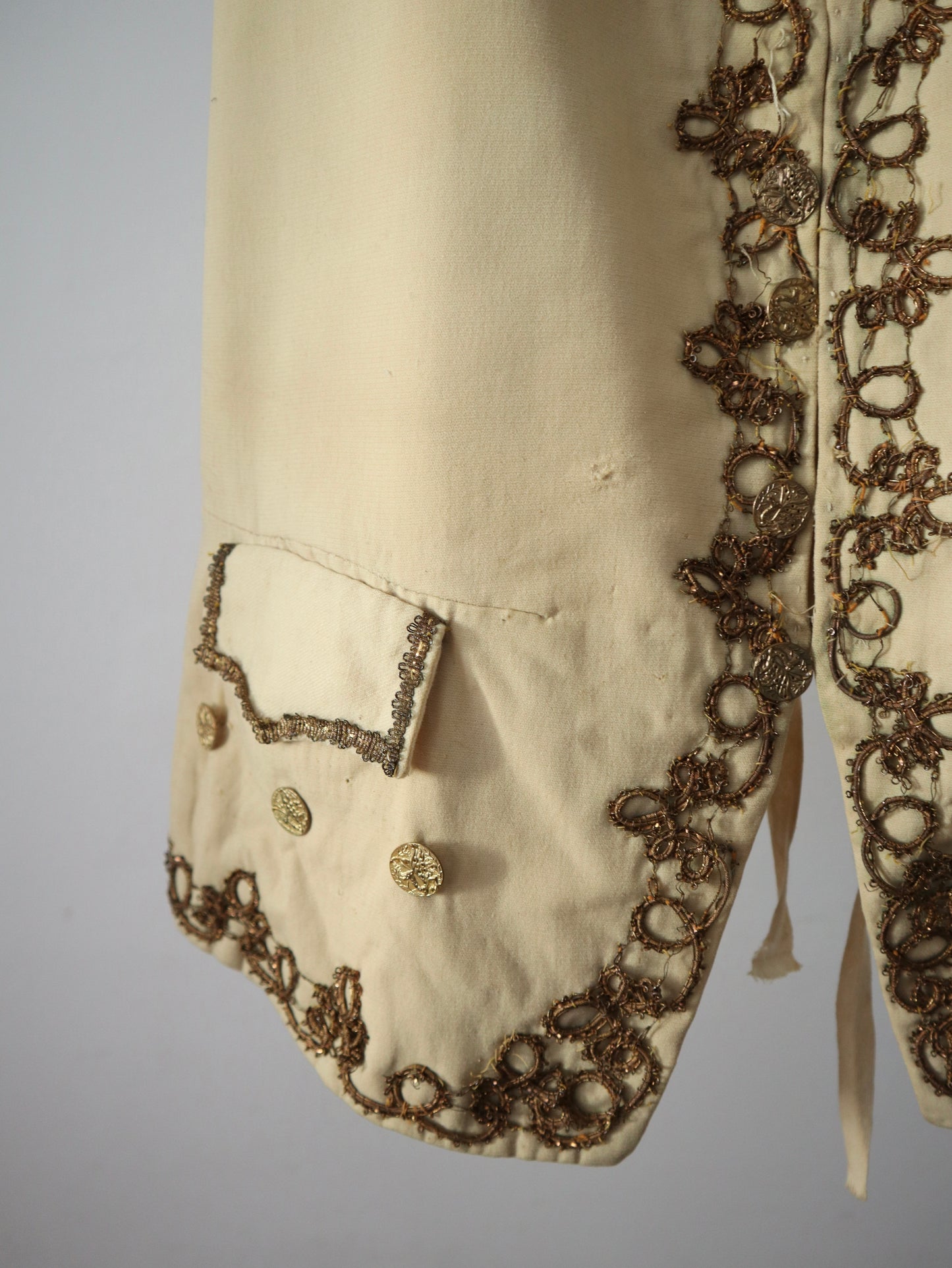 Antique French Opera Costume Vest Cream Wool Gold Metal Thread Brass Buttons 18th Century Style