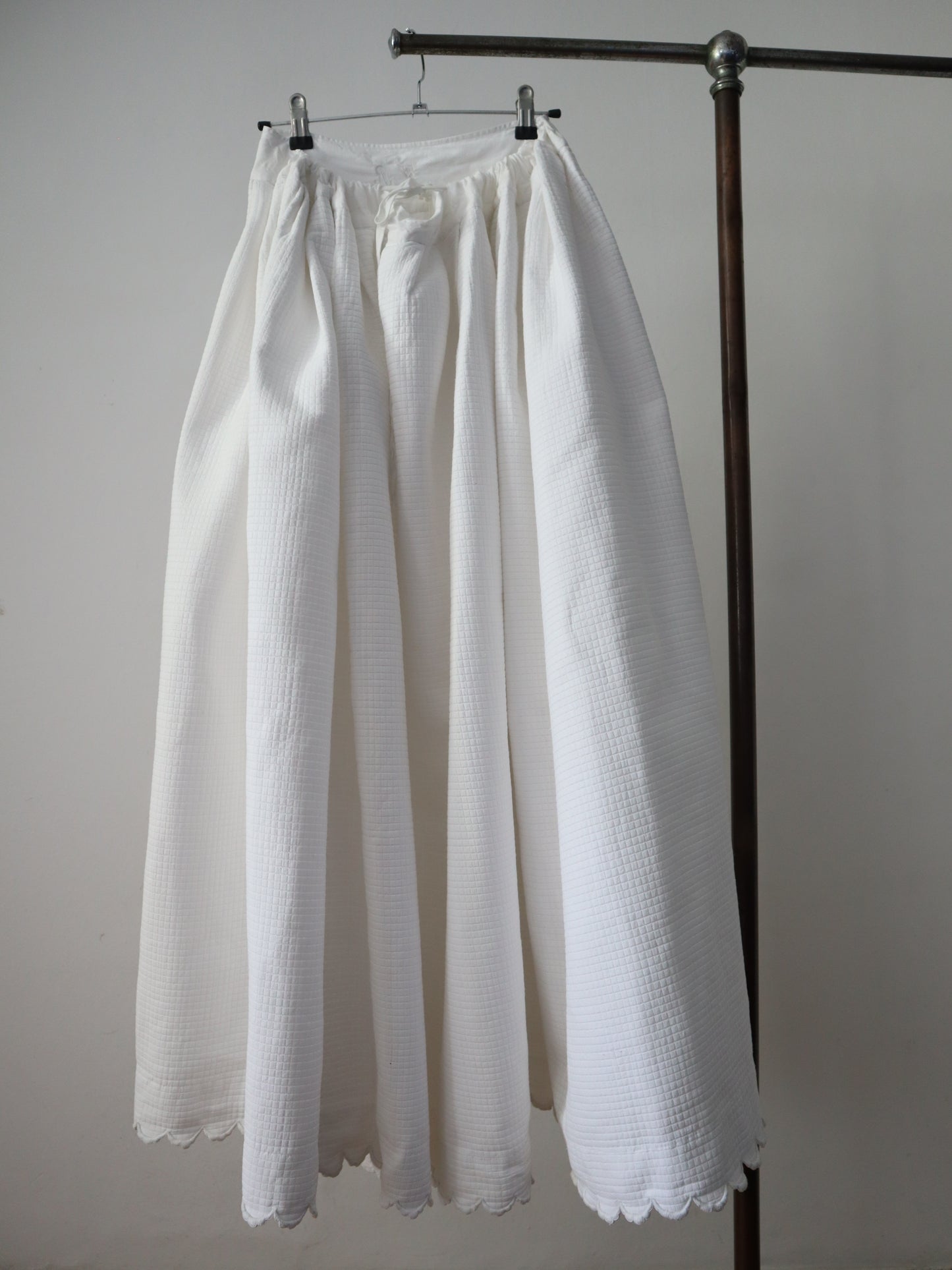 Antique French White Cotton Piqué Skirt Petticoat Scalloped Hem Drawstring Waist