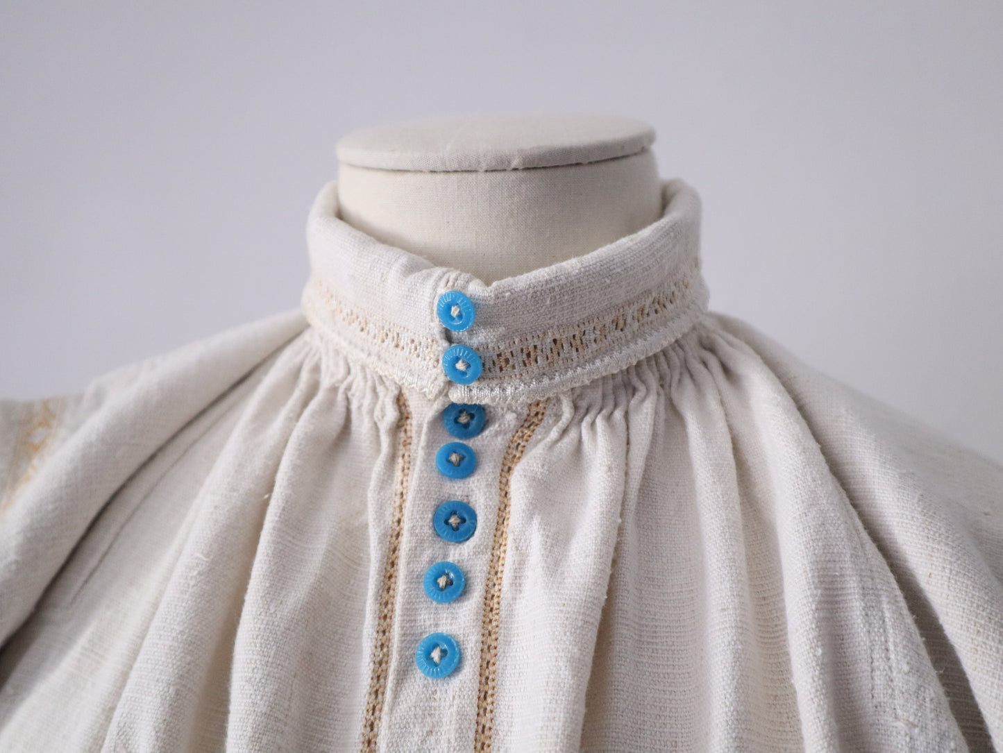 1930s Transylvanian Folk Blouse Shirt Hand Woven Pleats Blue Glass Buttons Embroidery Traditional Romanian Linen Eastern European