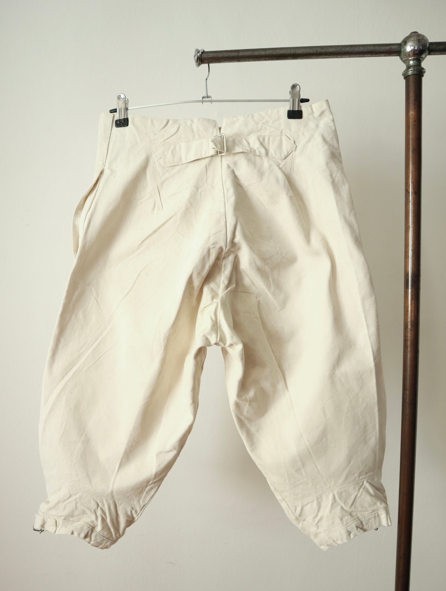 1920s French White Cotton Canvas Breeches Buckle Back Bone Buttons