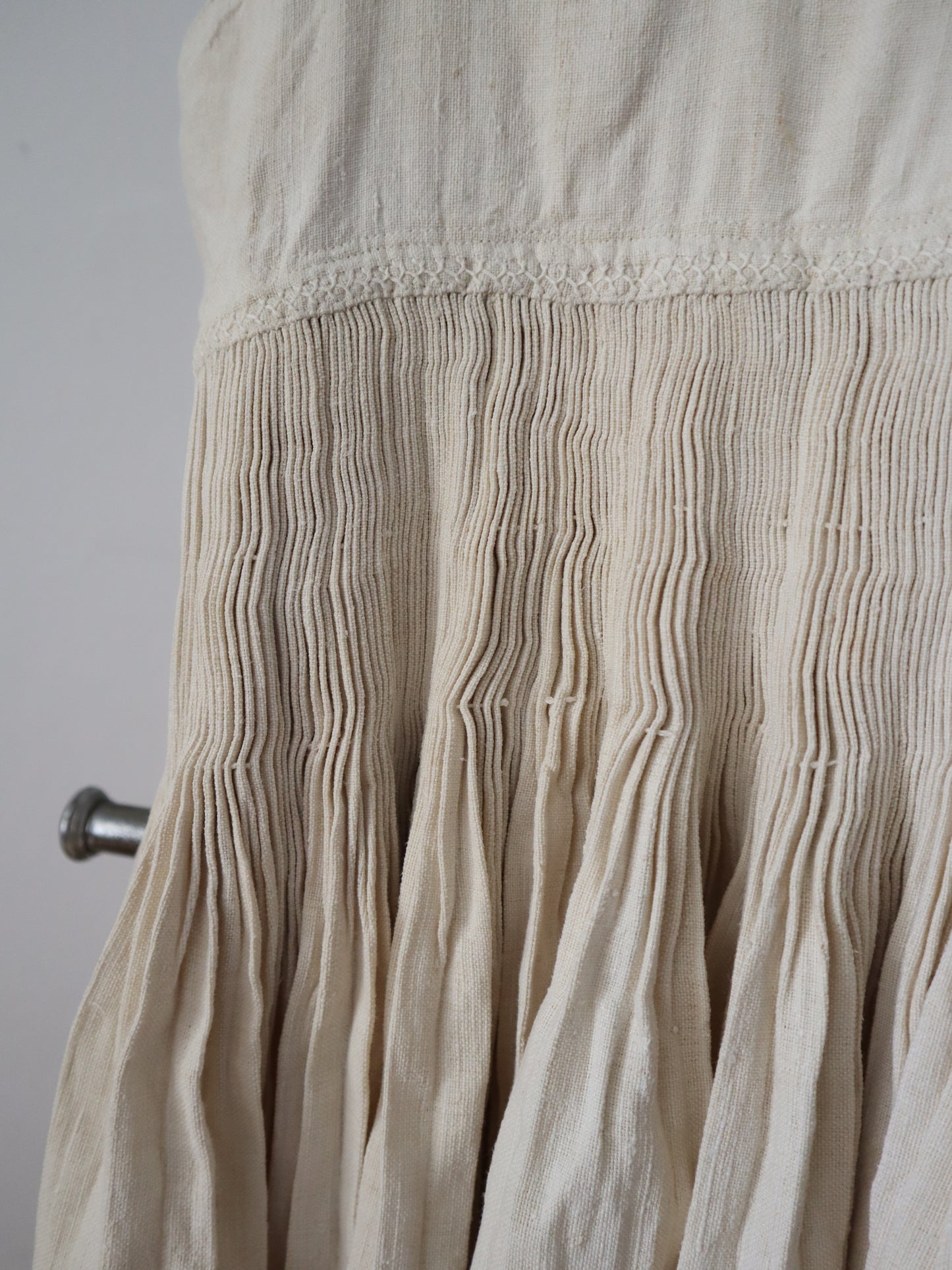 C.1930s Slovakian Linen Folk Underdress Dress Traditional Costume Homespun Smocking Pleats Embroidery