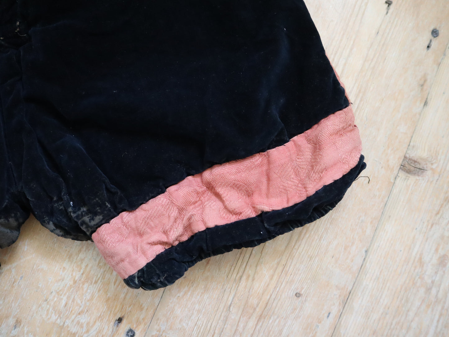 Antique Early 1900s French Theatre Opera Costume Hose Shorts Renaissance Style Tudor Black Velvet Pink Cotton Panels