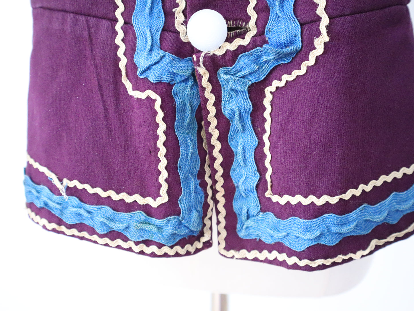 Antique French Opera Costume Jacket Purple Wool Green Cotton Sleeves Ribbon Trim Medieval Renaissance