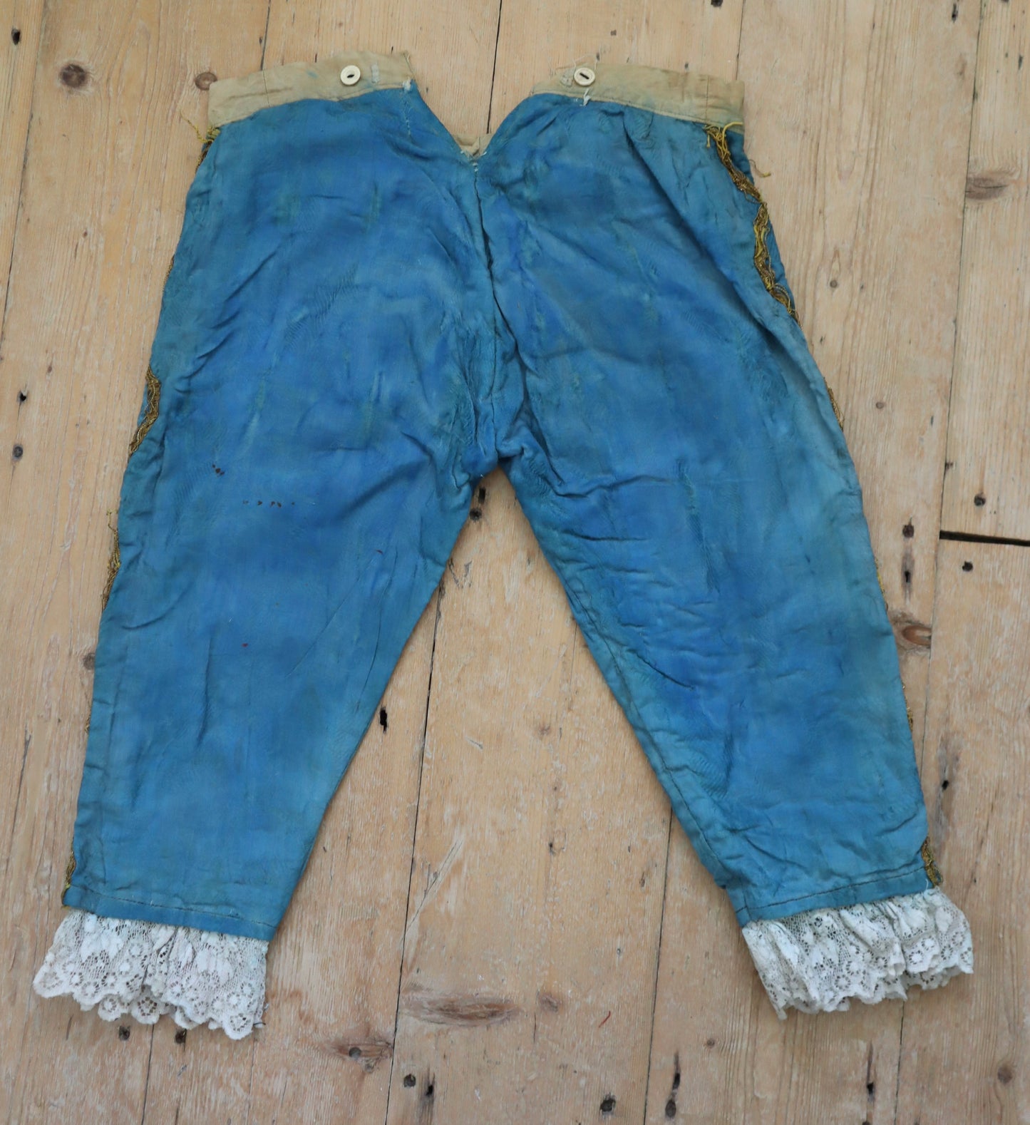 Antique French 19th Century Woven Cotton Blue Renaissance Style Breeches Trousers Pants Gold Metal Ribbon Lace Trim Theatre Opera Costume