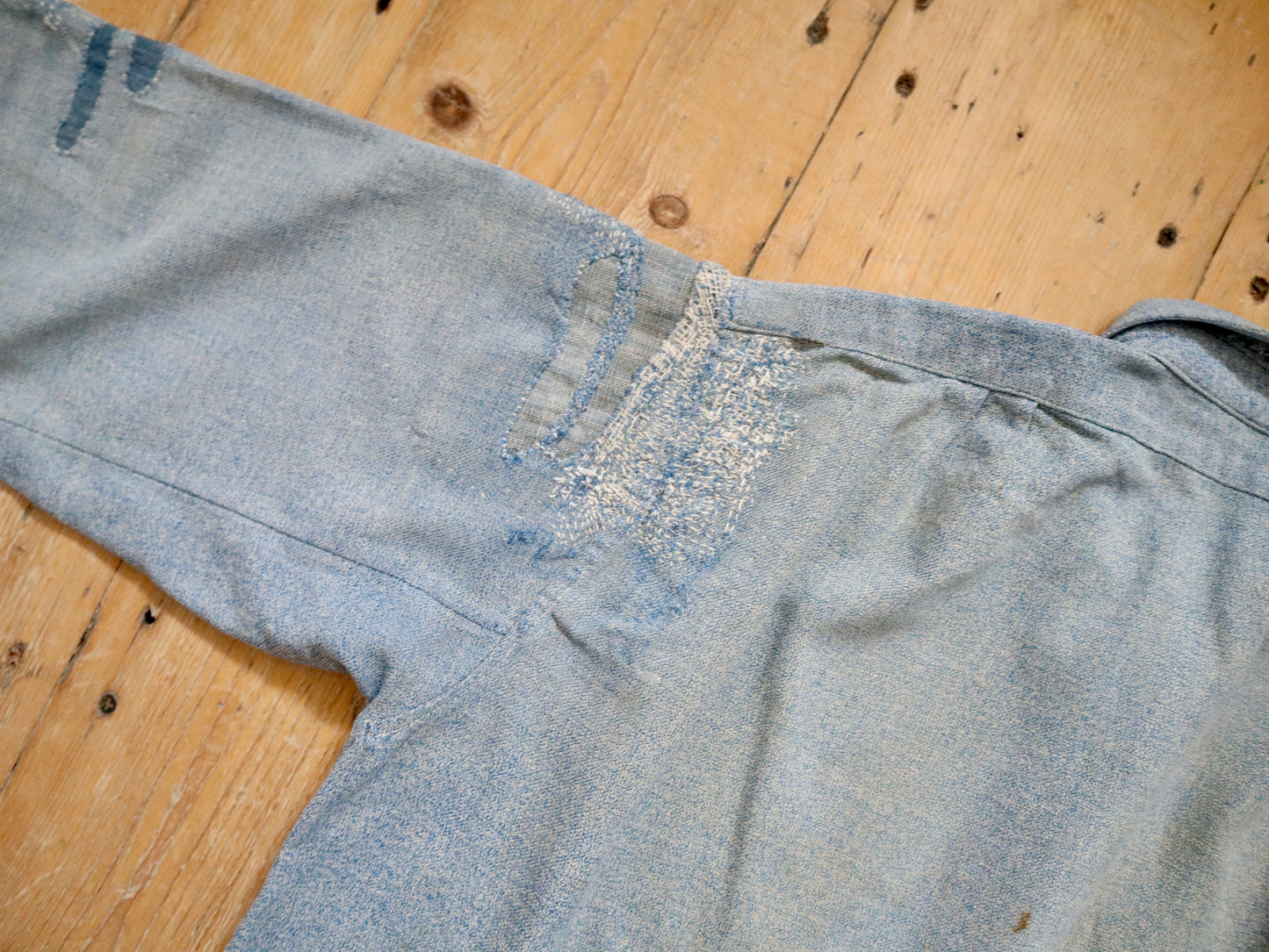 1930s - 40s French Blue Speckled Shirt Workwear Chore Darned Patched Repaired